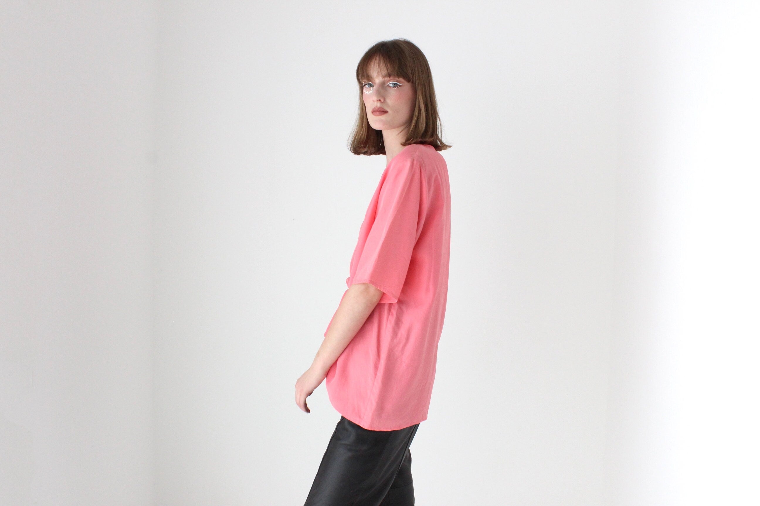 80s Bubblegum Pink Pure Silk Relaxed, Minimal Tee Top