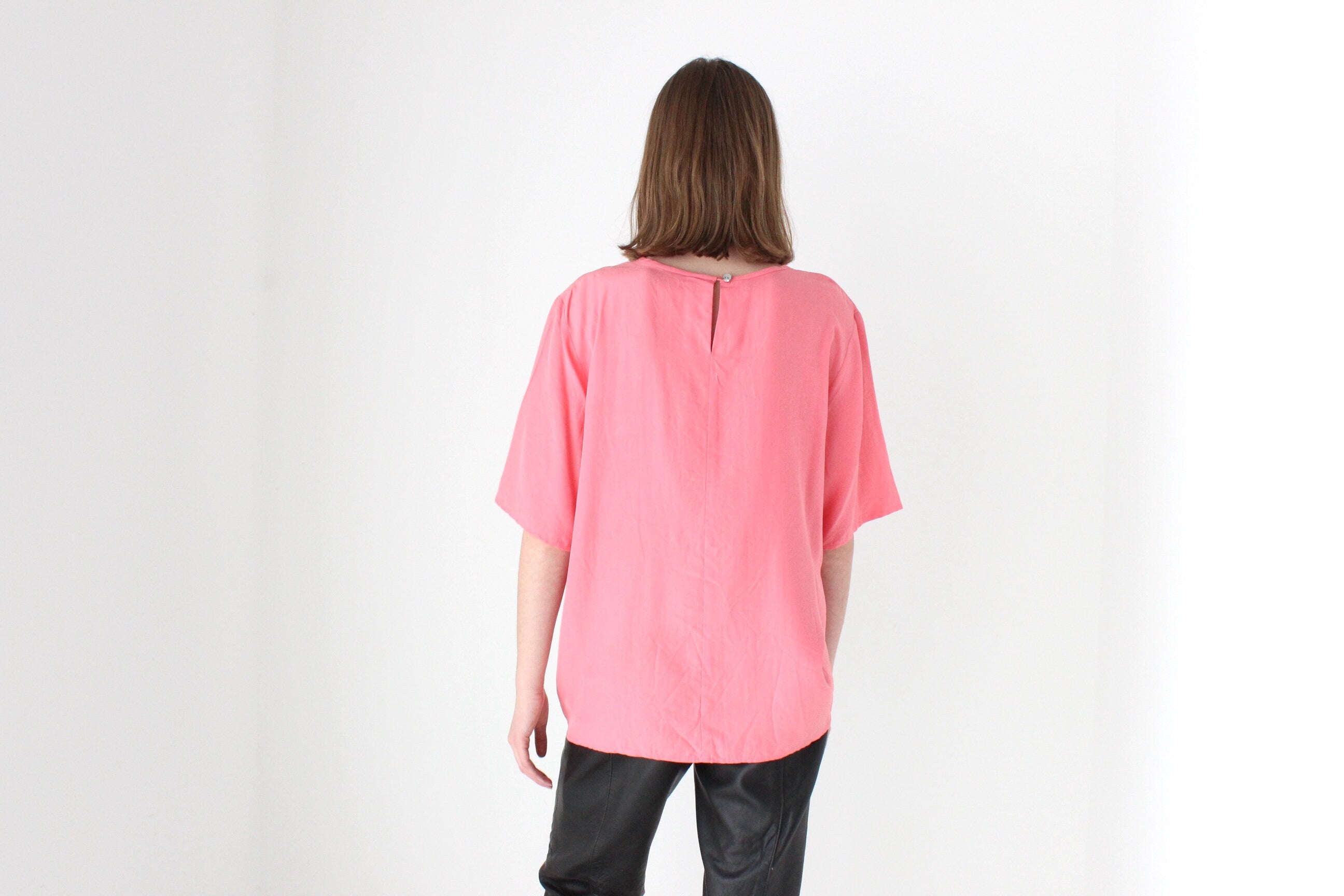 80s Bubblegum Pink Pure Silk Relaxed, Minimal Tee Top