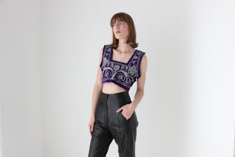 90s Purple Velour & Indian Mirror Boxy Cropped Vest