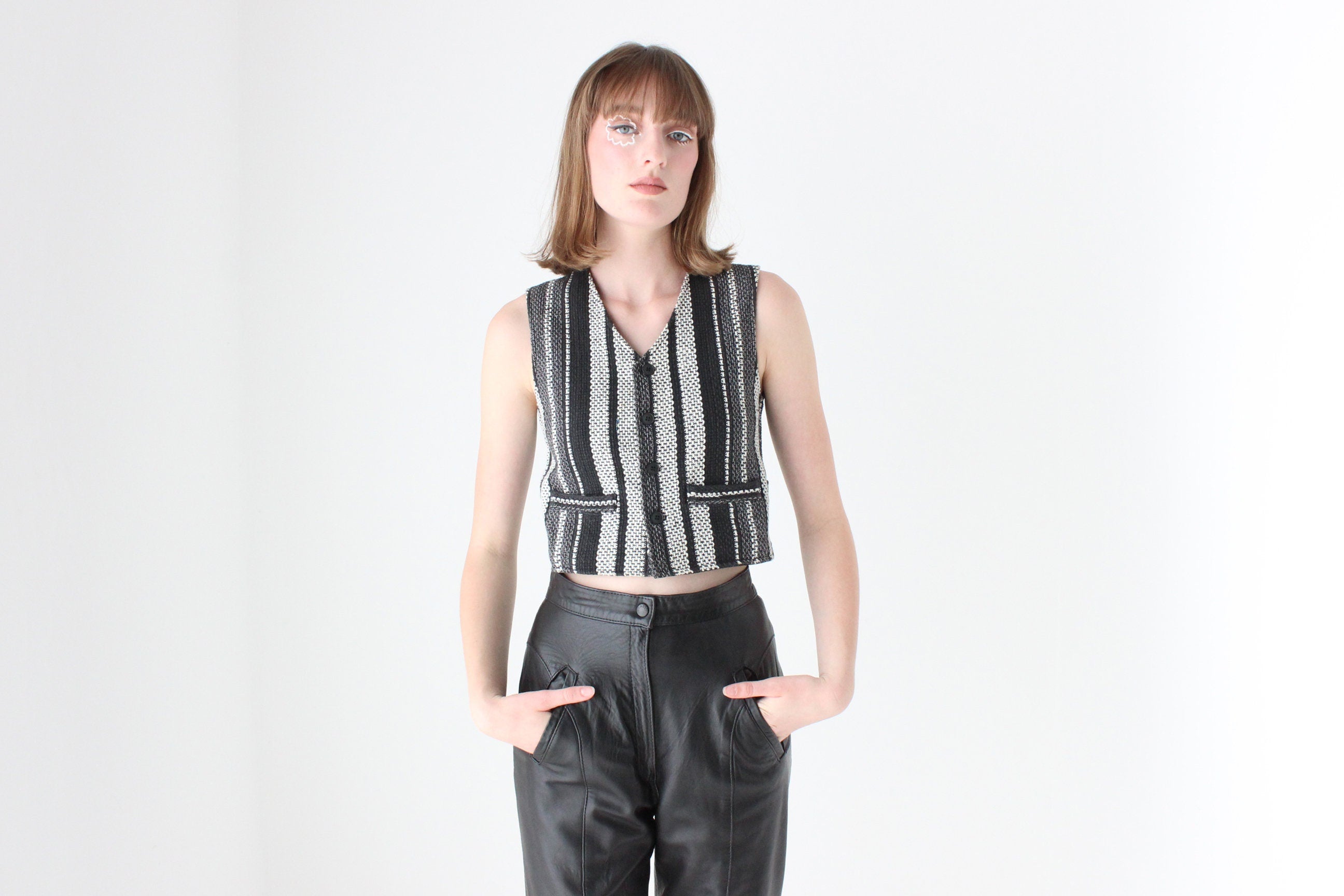 90s Woven Cotton Waistcoat Vest Crop Top