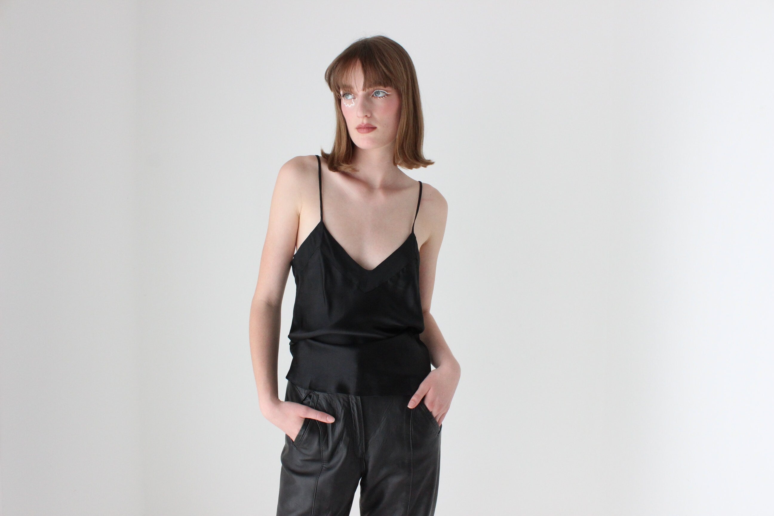 90s Jet Black PURE SILK Spaghetti Strap Cami