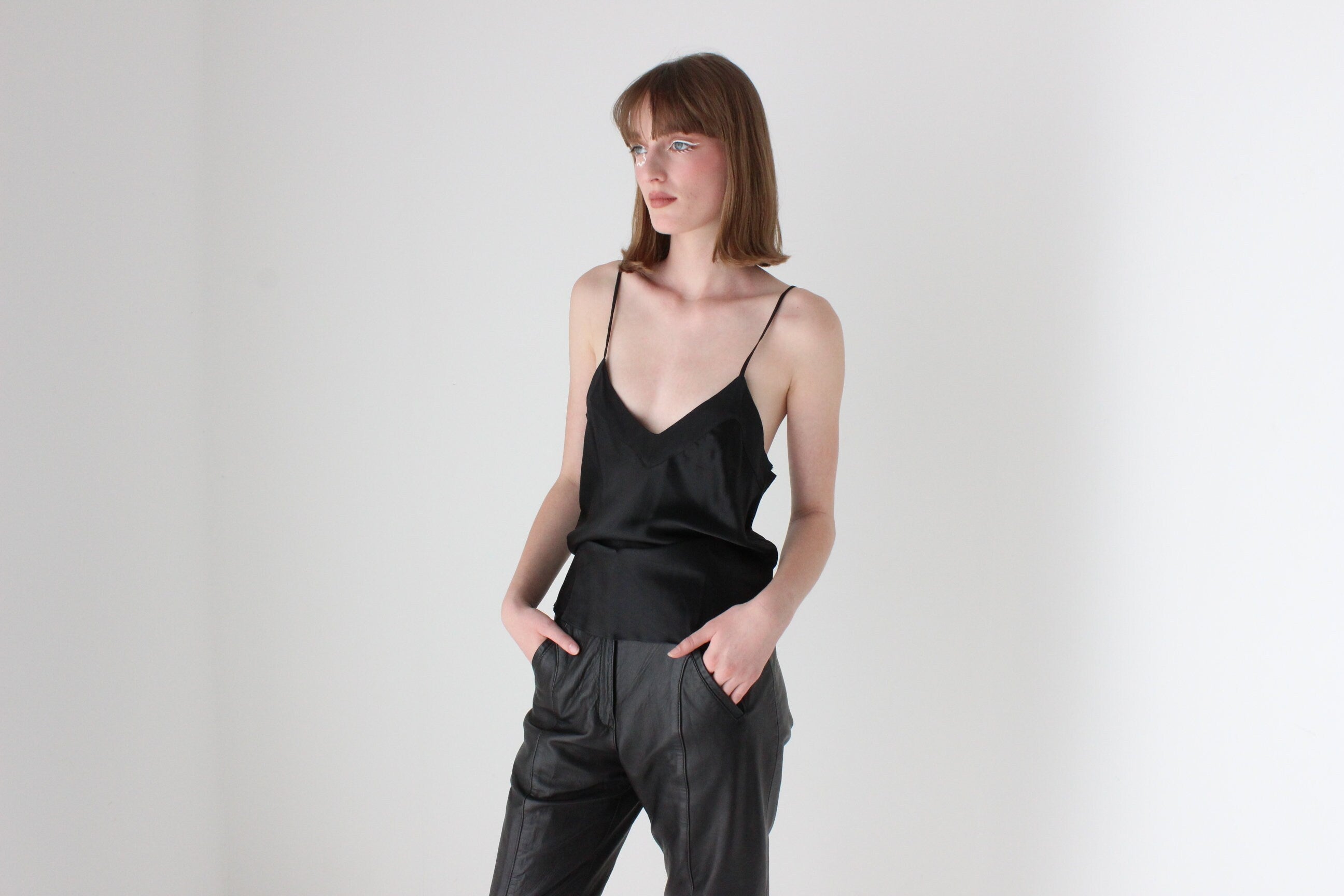 90s Jet Black PURE SILK Spaghetti Strap Cami