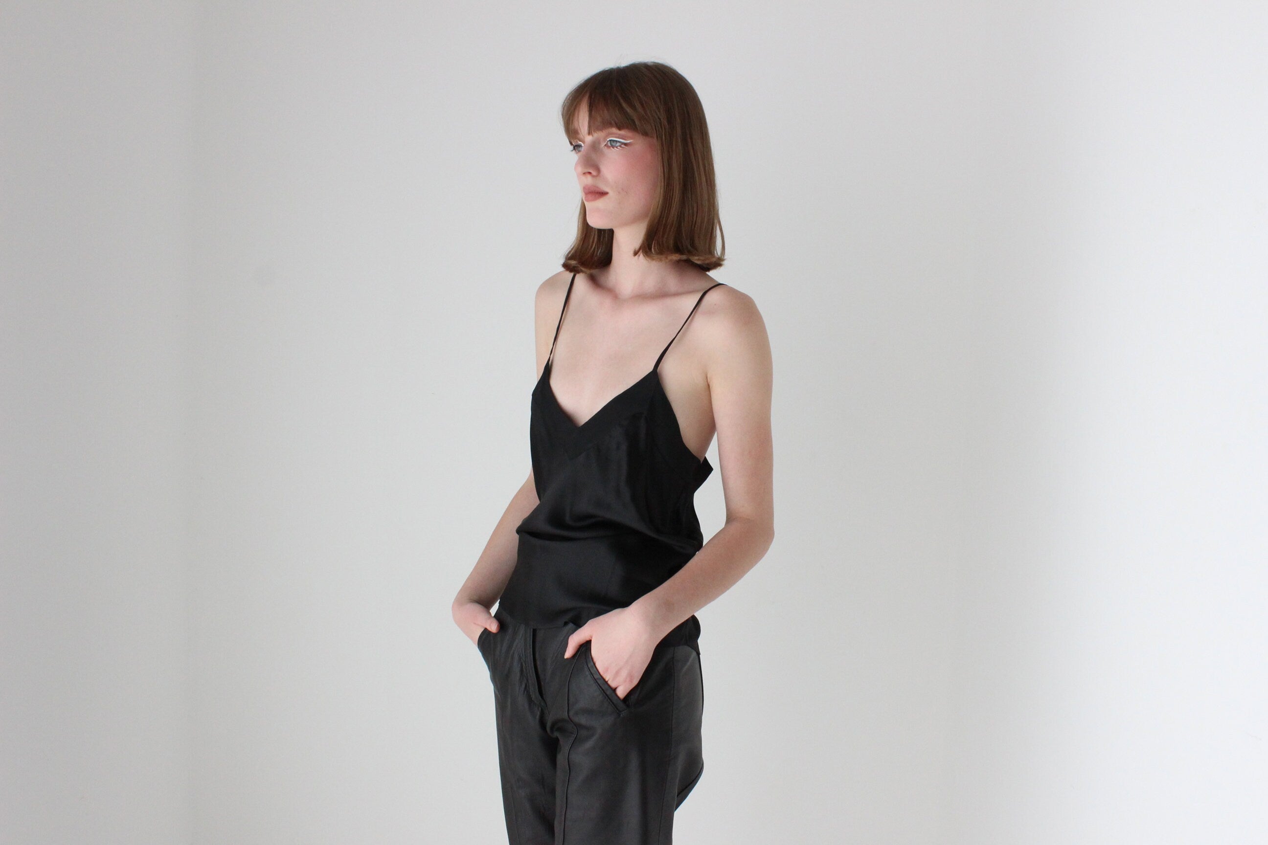 90s Jet Black PURE SILK Spaghetti Strap Cami