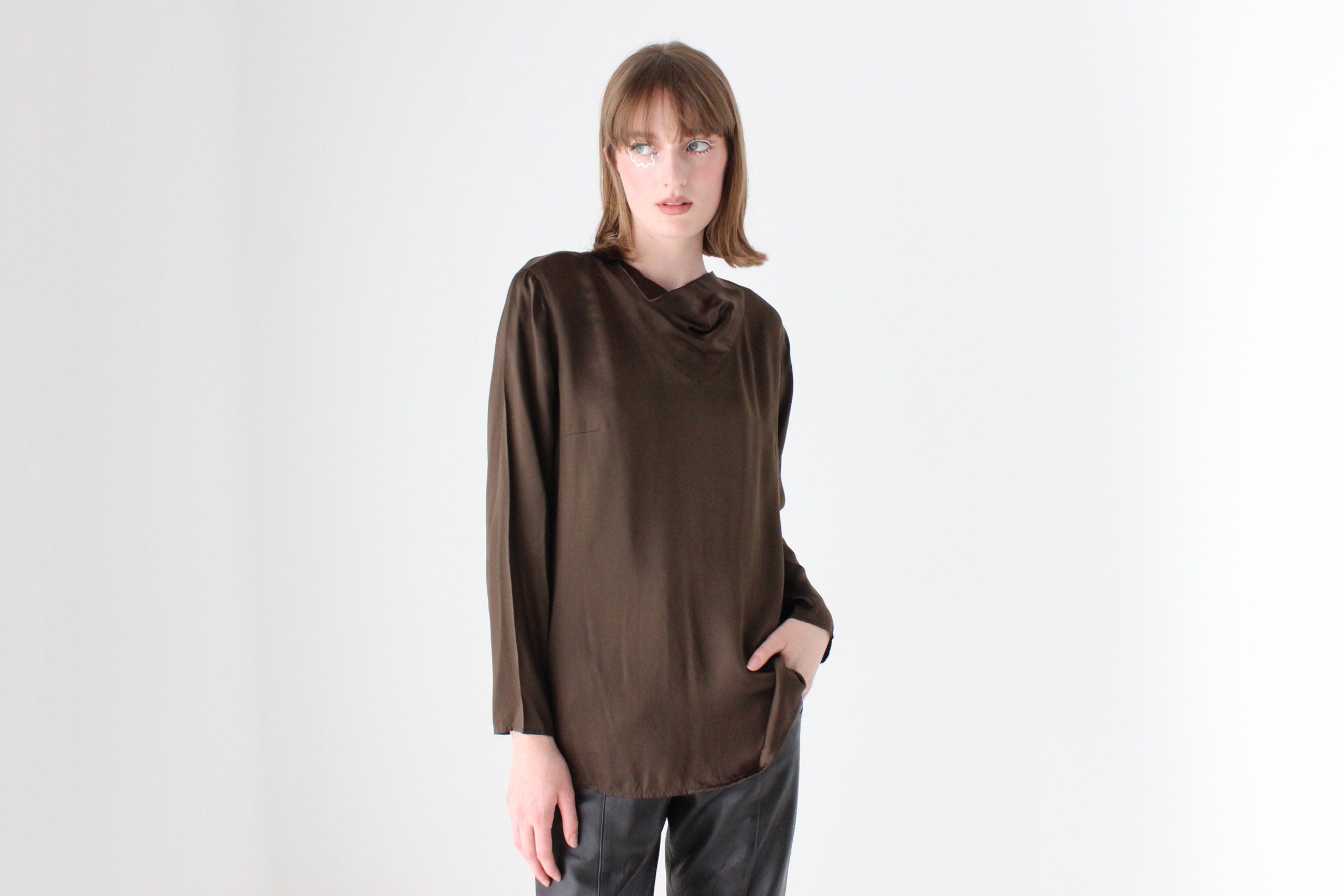 90s Pure Silk / Dark Chocolate Long Sleeve Draped Top