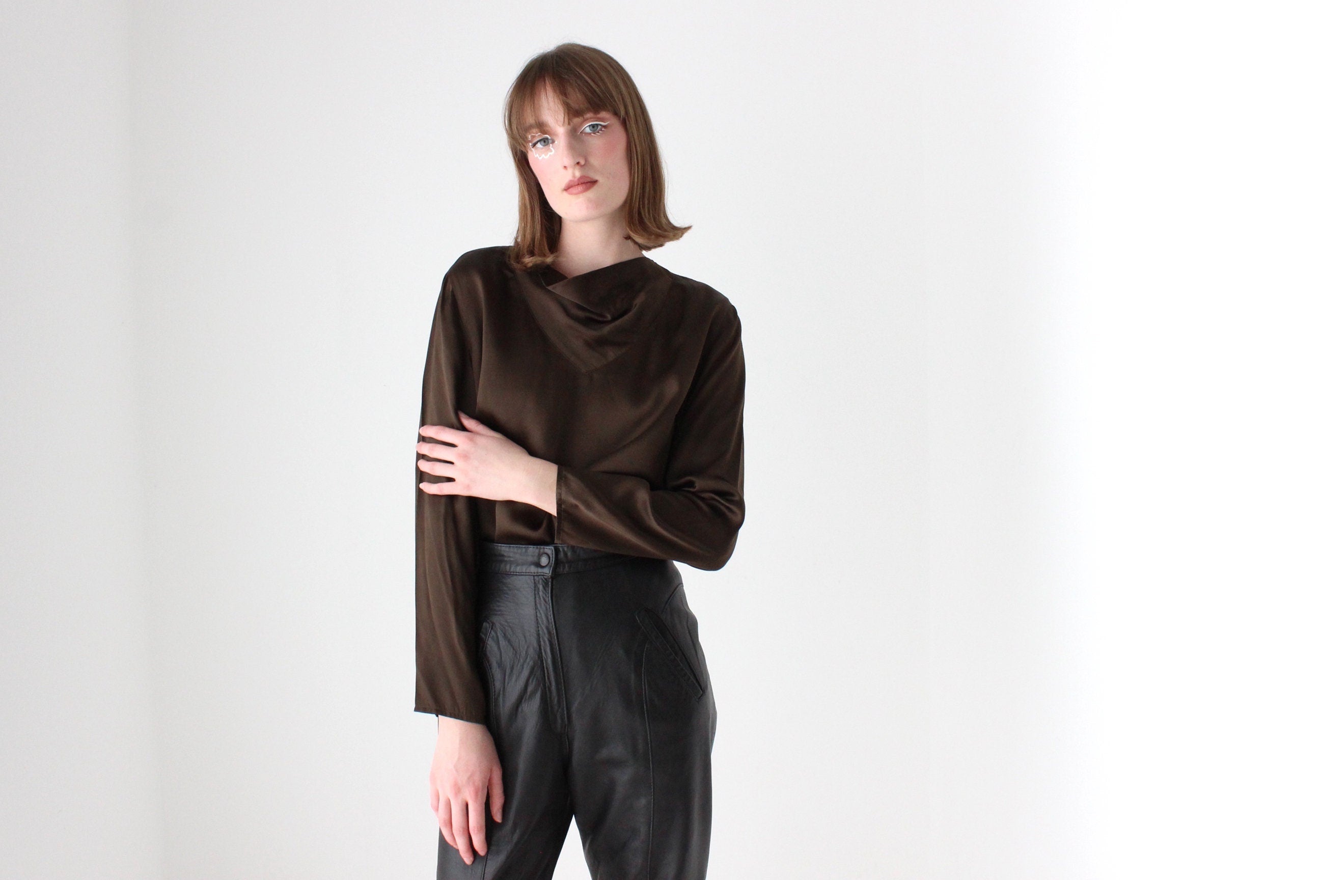 90s Pure Silk / Dark Chocolate Long Sleeve Draped Top