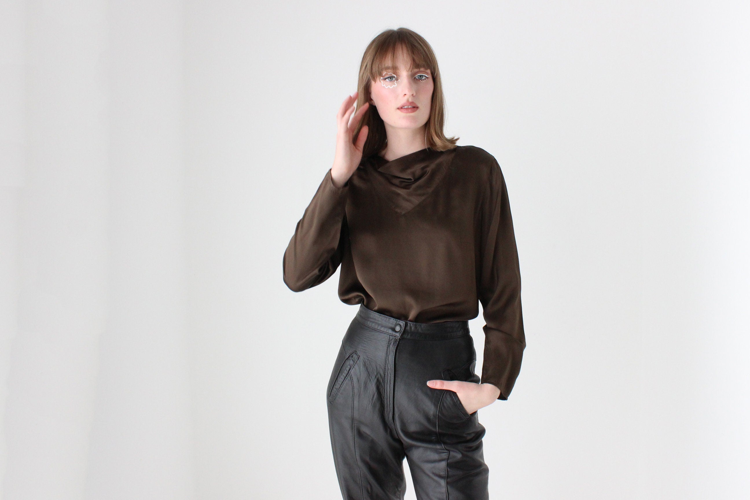 90s Pure Silk / Dark Chocolate Long Sleeve Draped Top