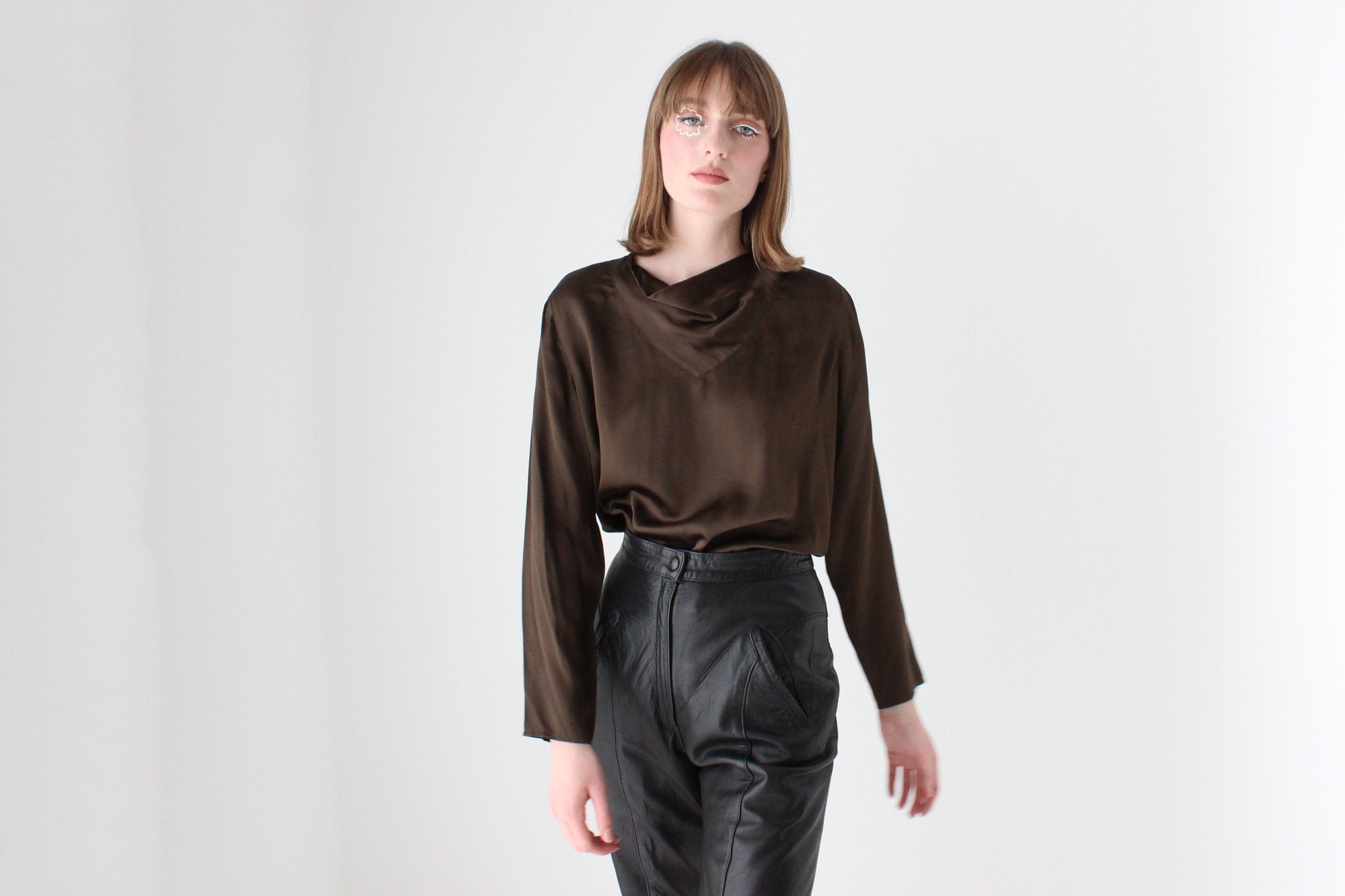 90s Pure Silk / Dark Chocolate Long Sleeve Draped Top