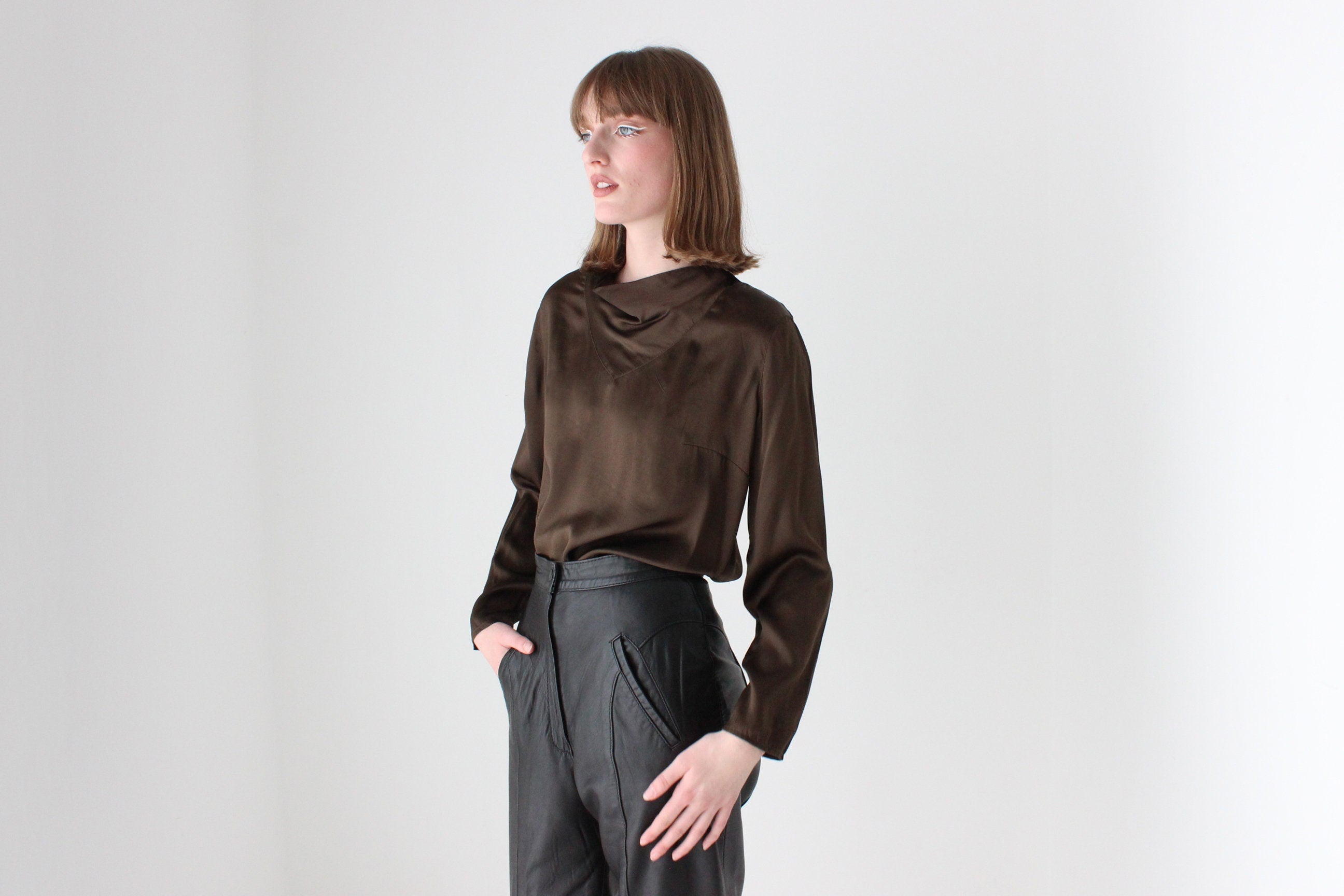 90s Pure Silk / Dark Chocolate Long Sleeve Draped Top