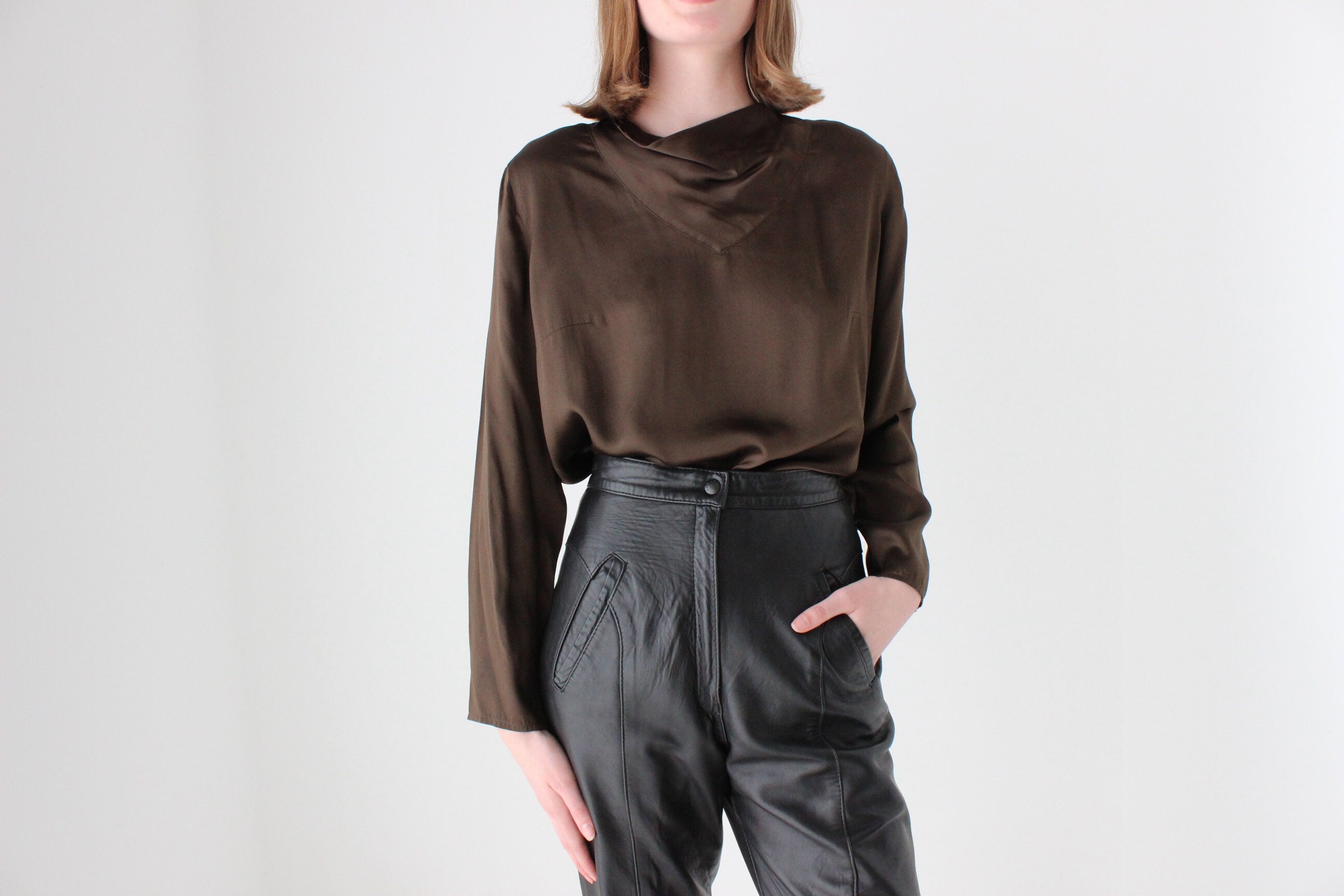 90s Pure Silk / Dark Chocolate Long Sleeve Draped Top