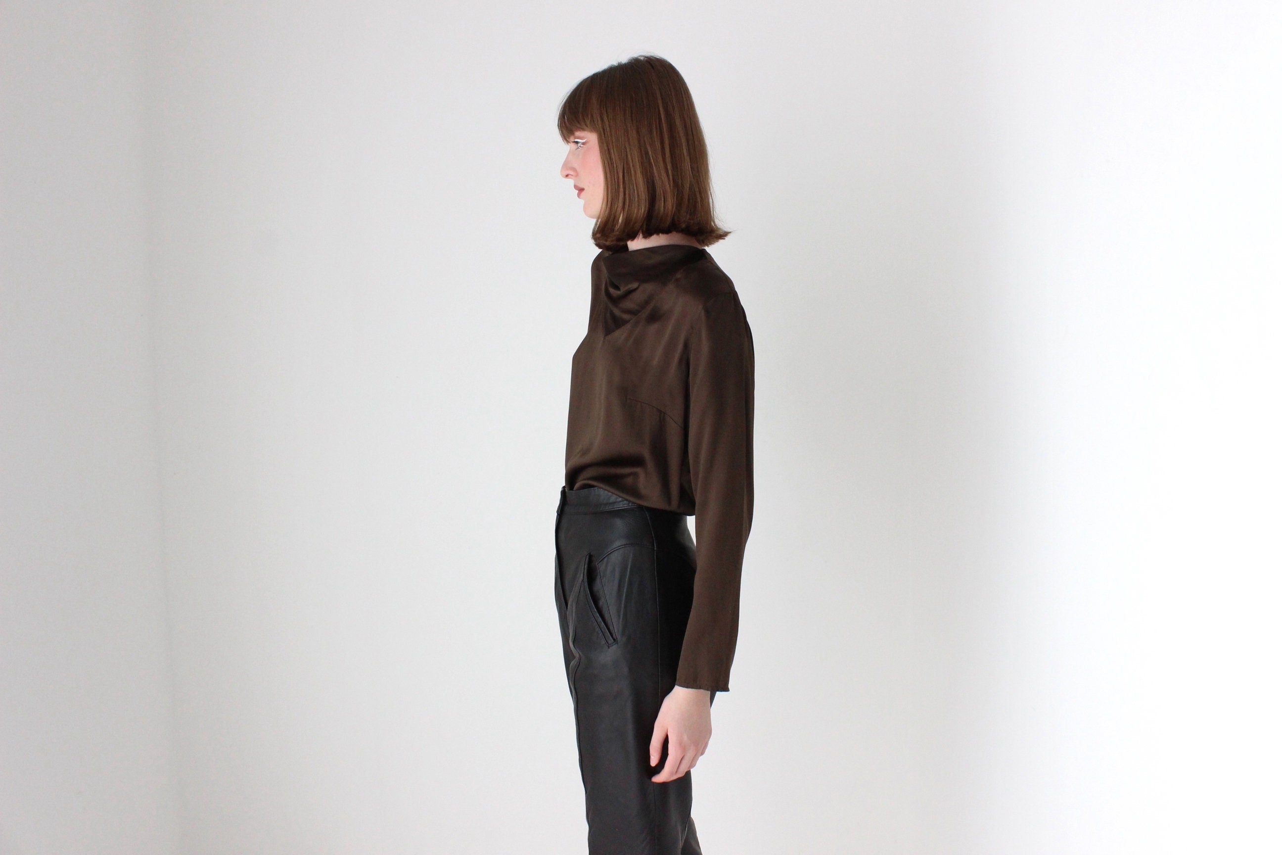 90s Pure Silk / Dark Chocolate Long Sleeve Draped Top