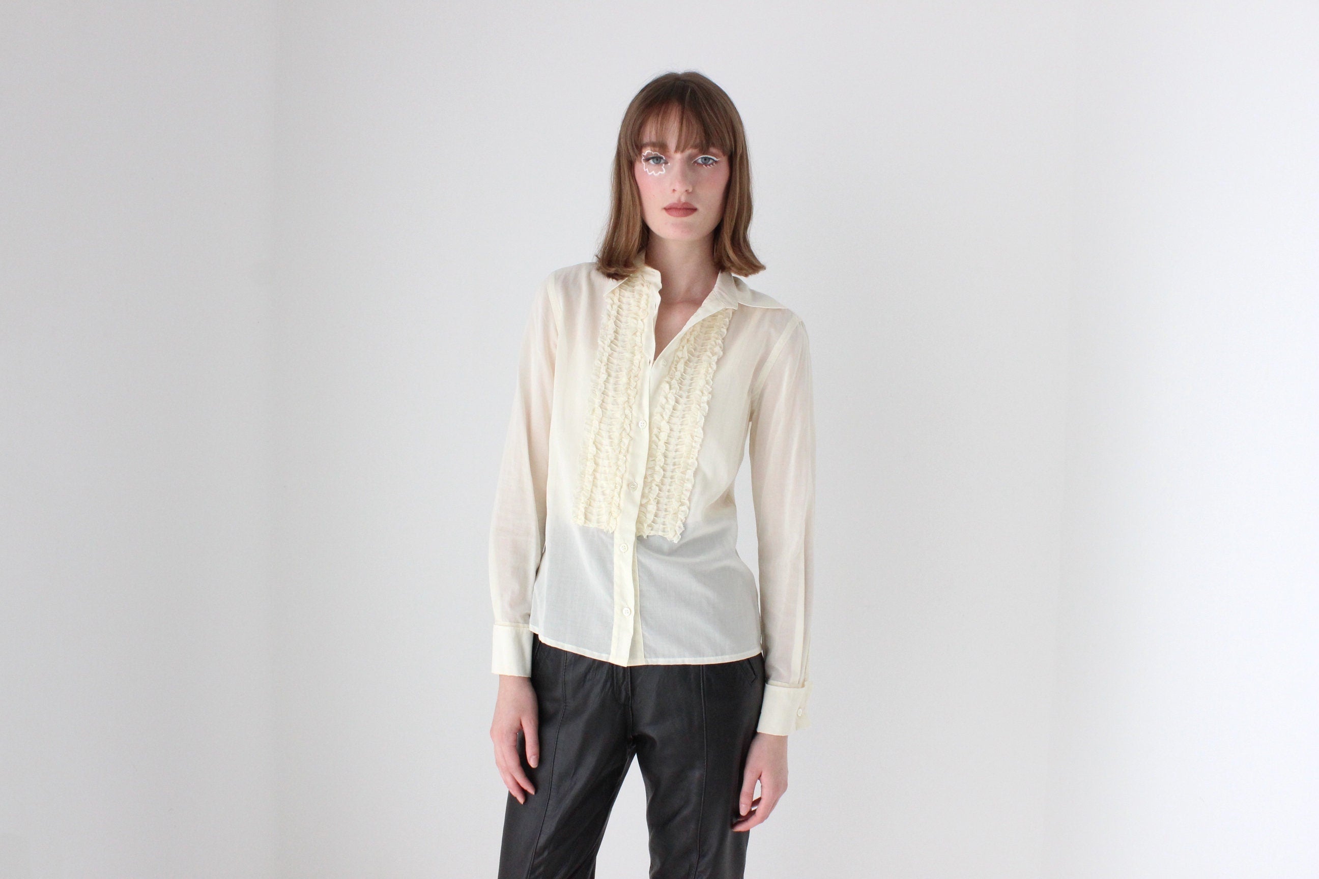 90s Moschino Frill Cotton Tuxedo Ruffle Blouse