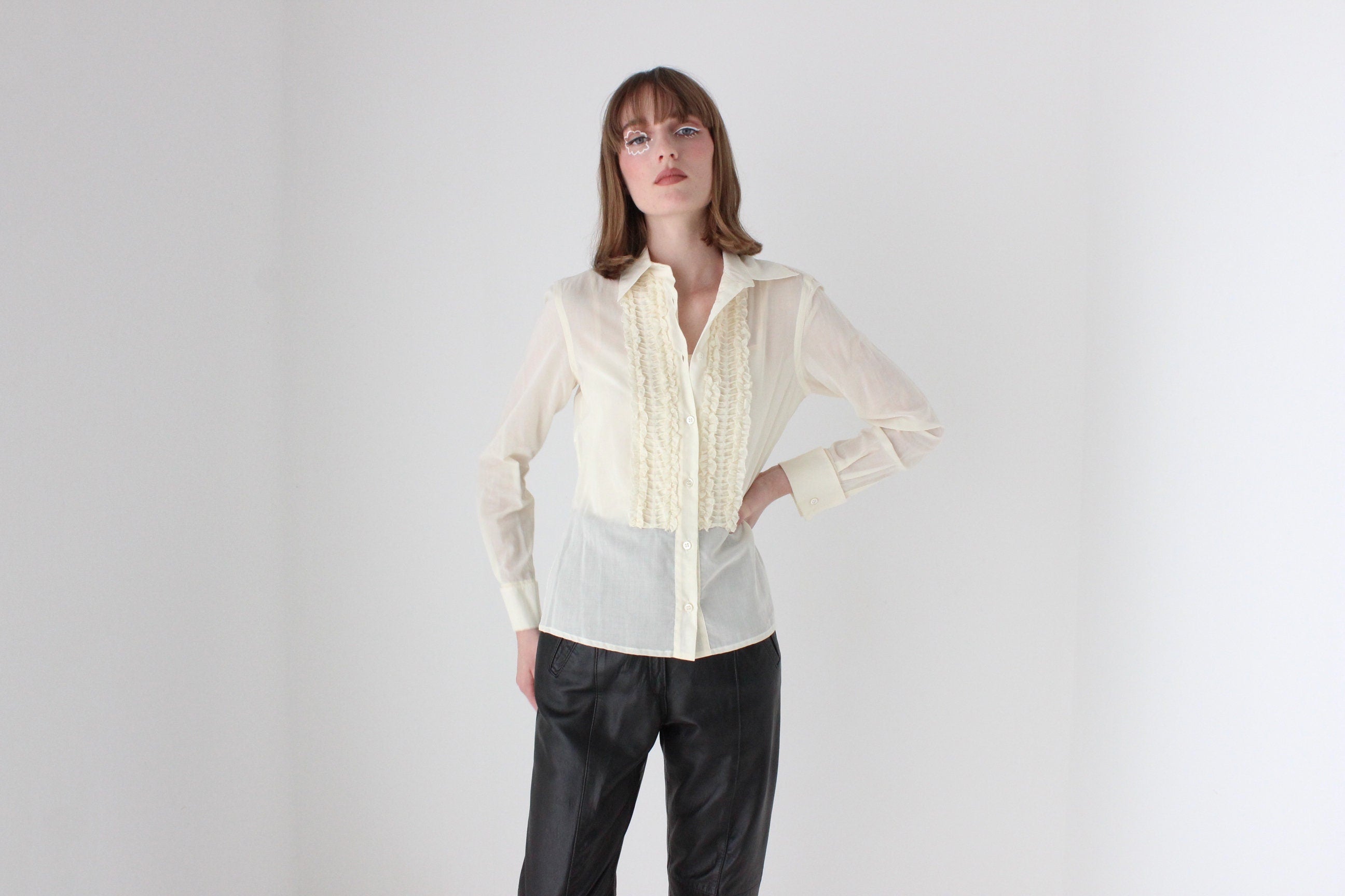 90s Moschino Frill Cotton Tuxedo Ruffle Blouse