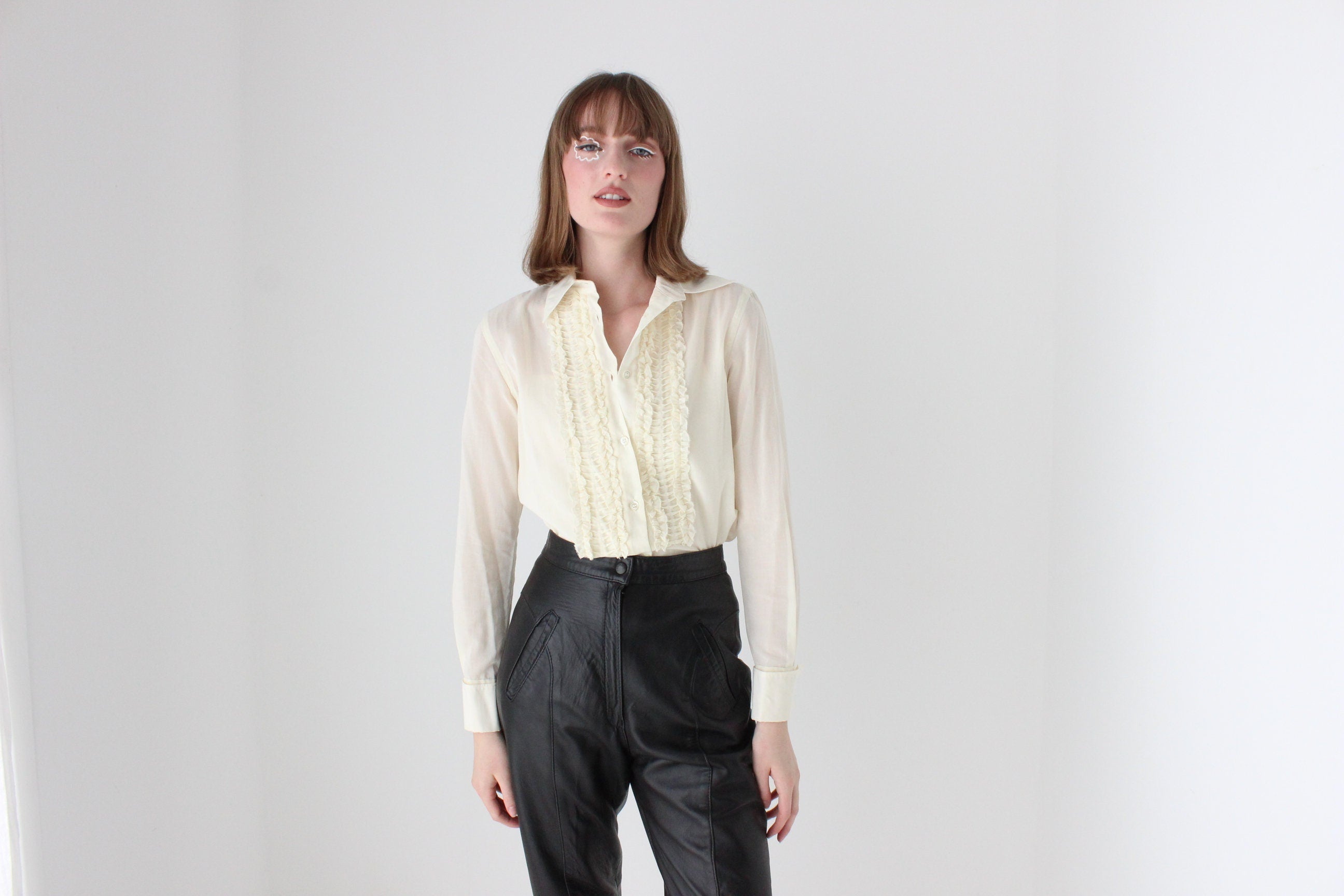 90s Moschino Frill Cotton Tuxedo Ruffle Blouse