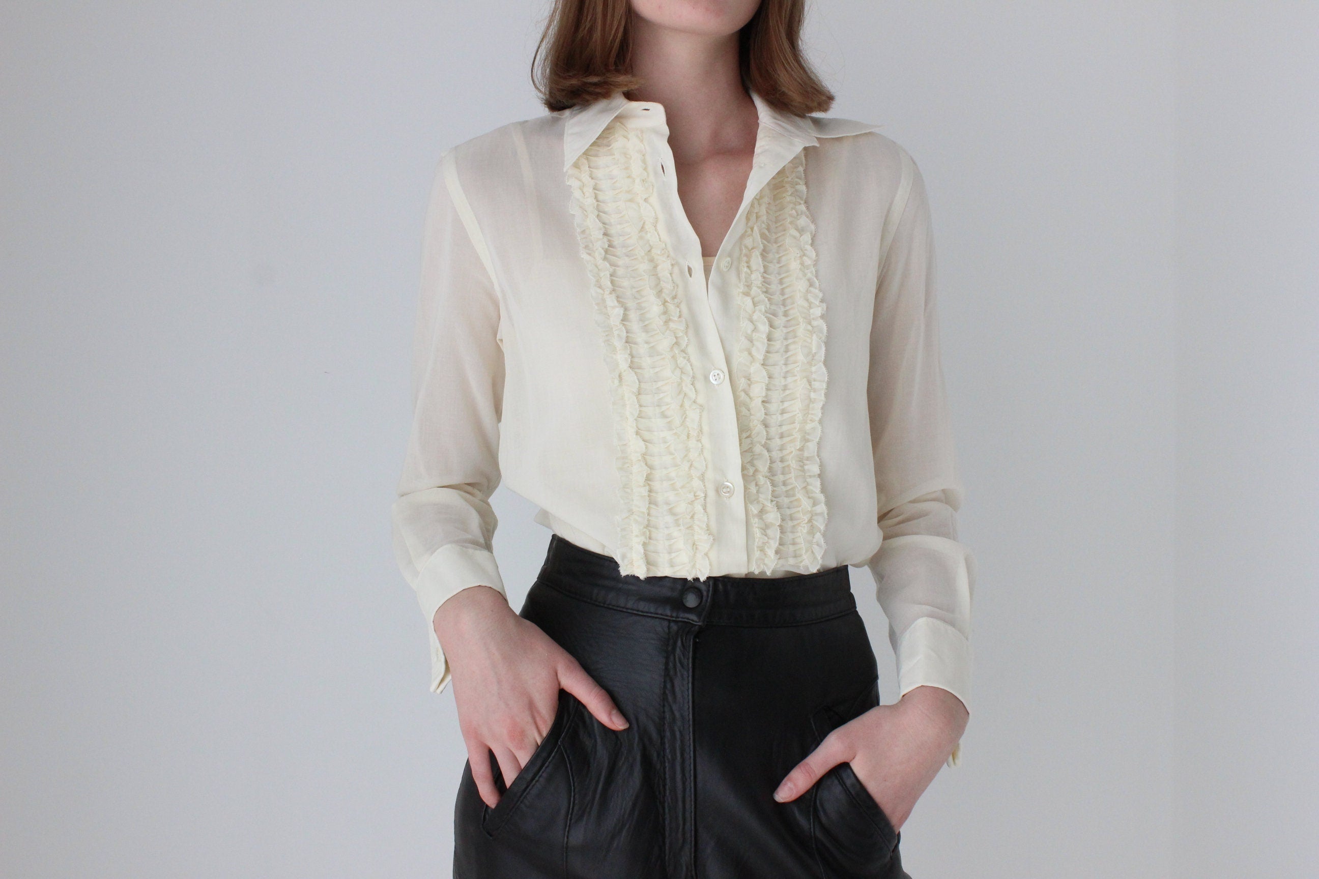 90s Moschino Frill Cotton Tuxedo Ruffle Blouse