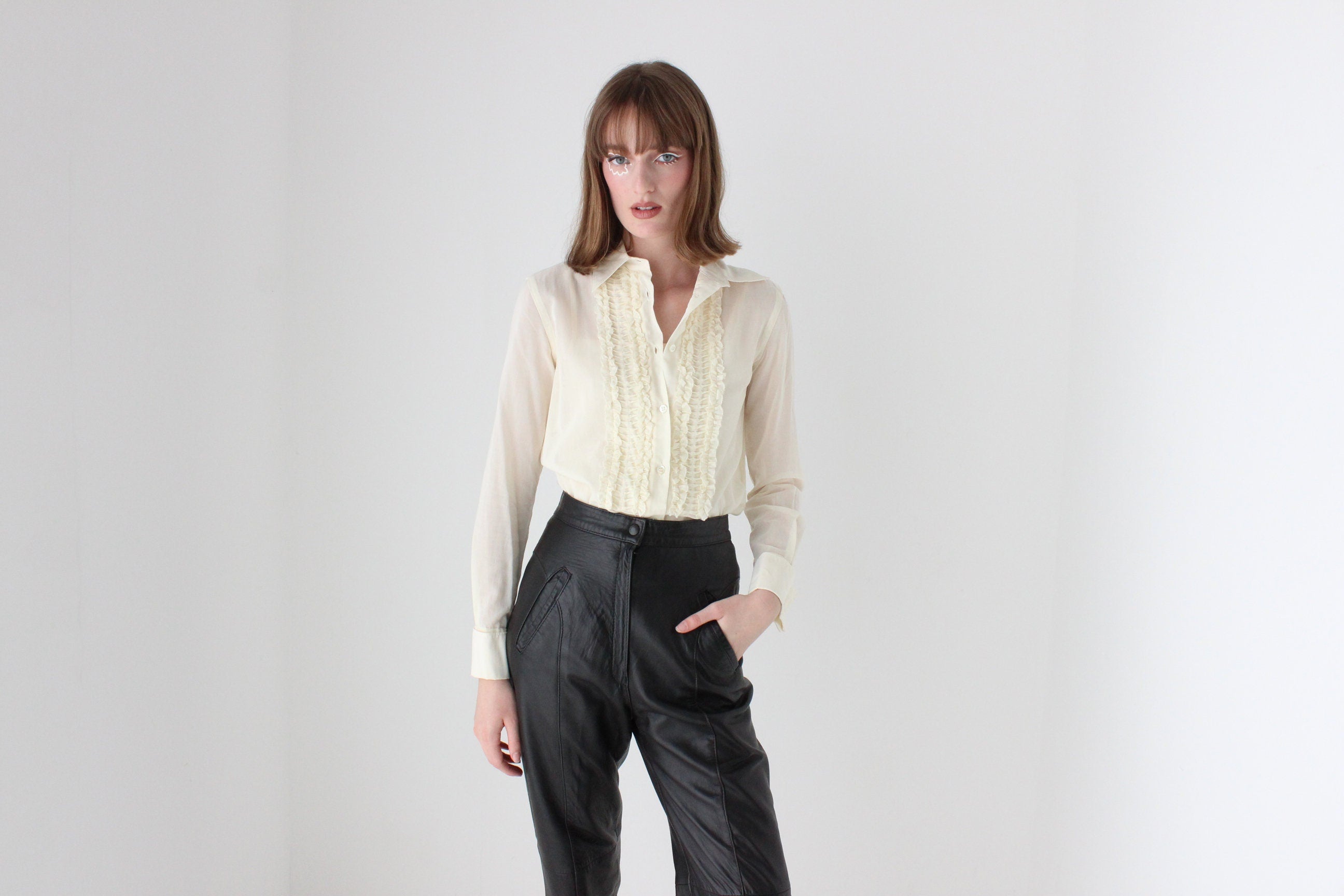 90s Moschino Frill Cotton Tuxedo Ruffle Blouse