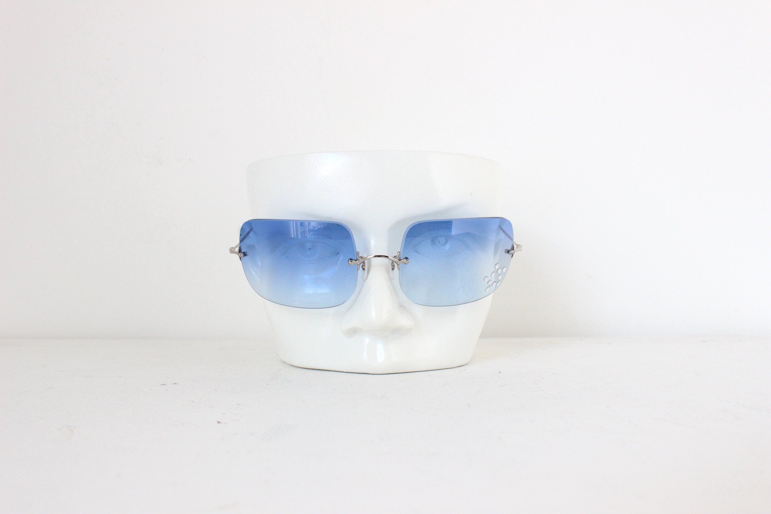 Y2K Oliver Peoples Frameless Blue Square Sunglasses w/ Rhinestone Star