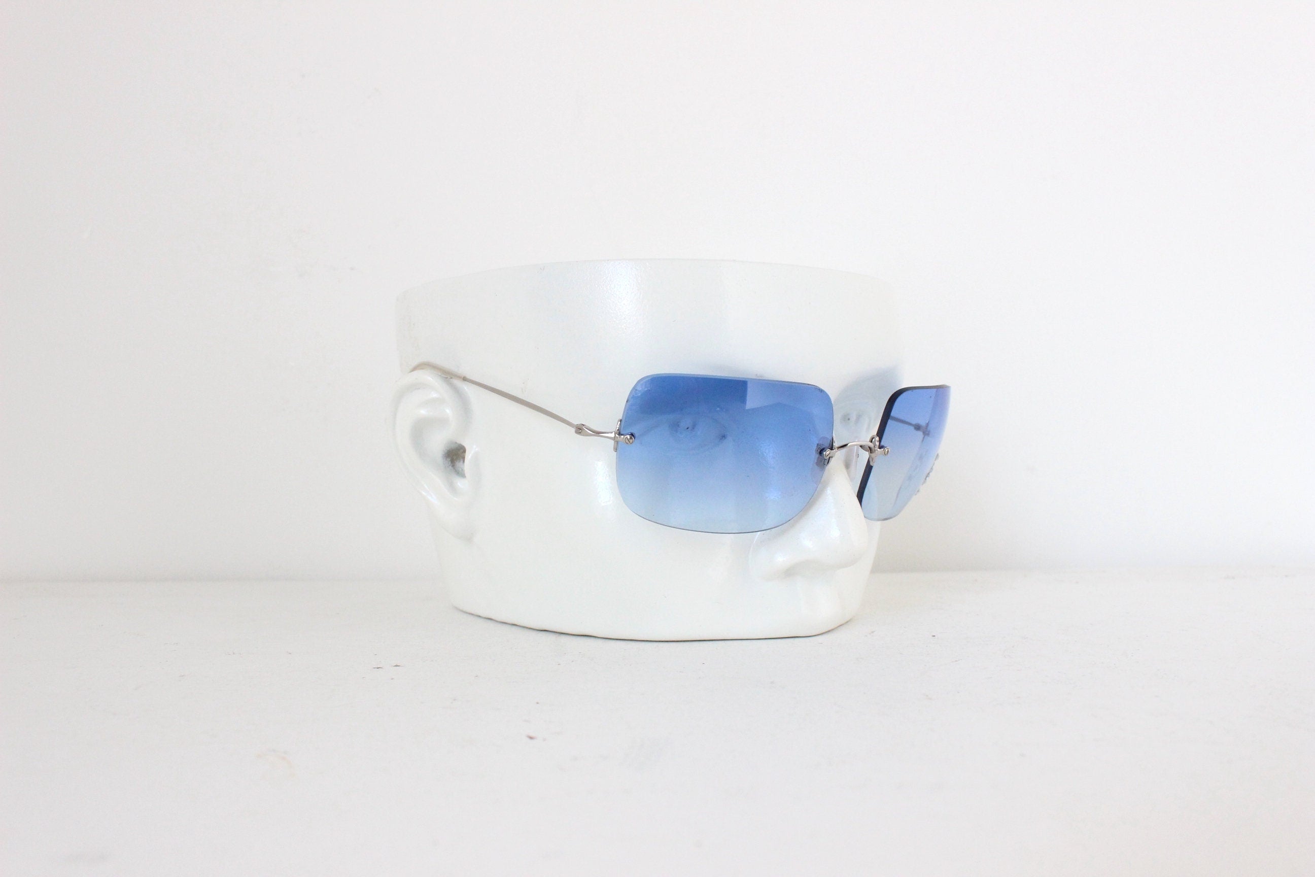 Y2K Oliver Peoples Frameless Blue Square Sunglasses w/ Rhinestone Star