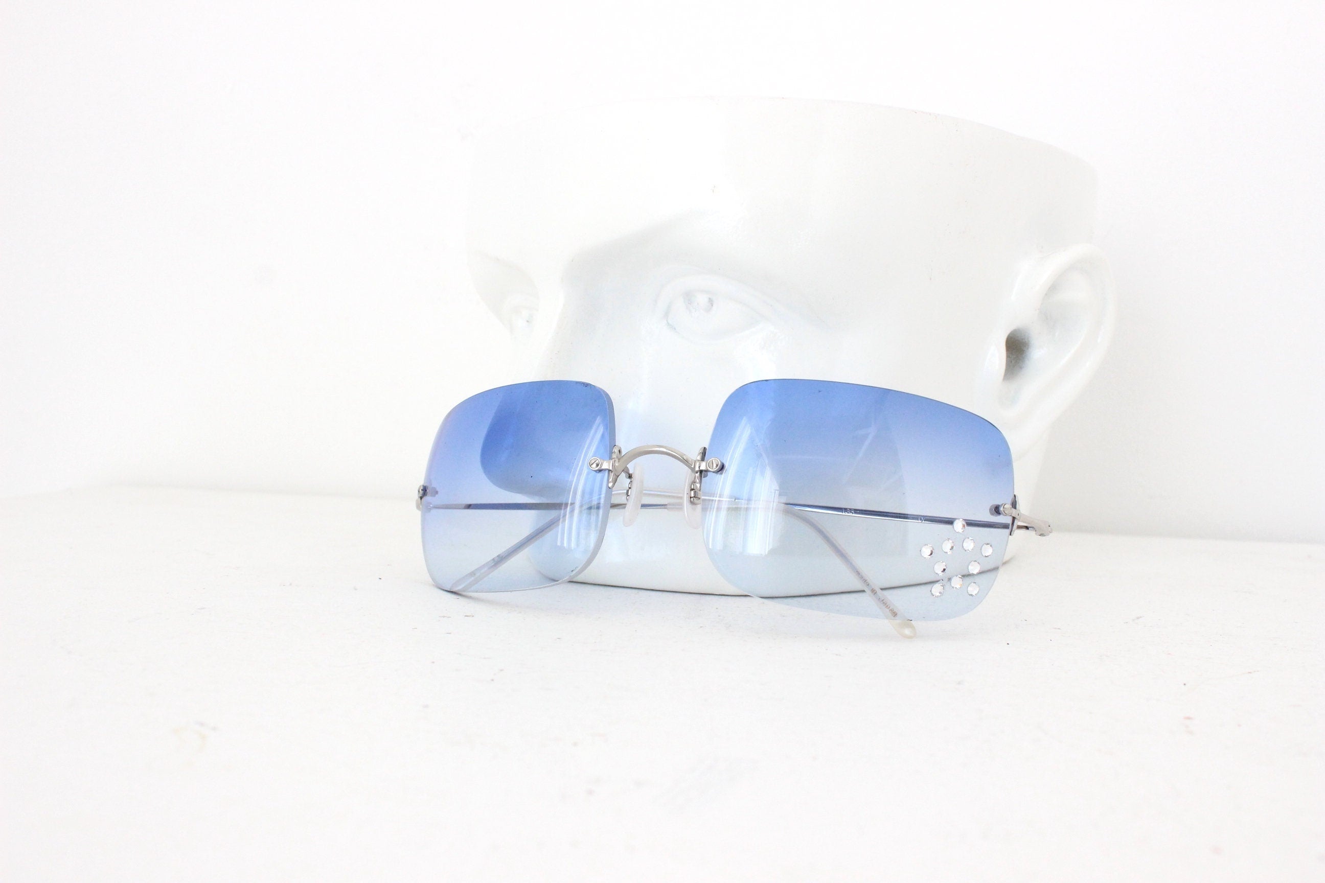 Y2K Oliver Peoples Frameless Blue Square Sunglasses w/ Rhinestone Star