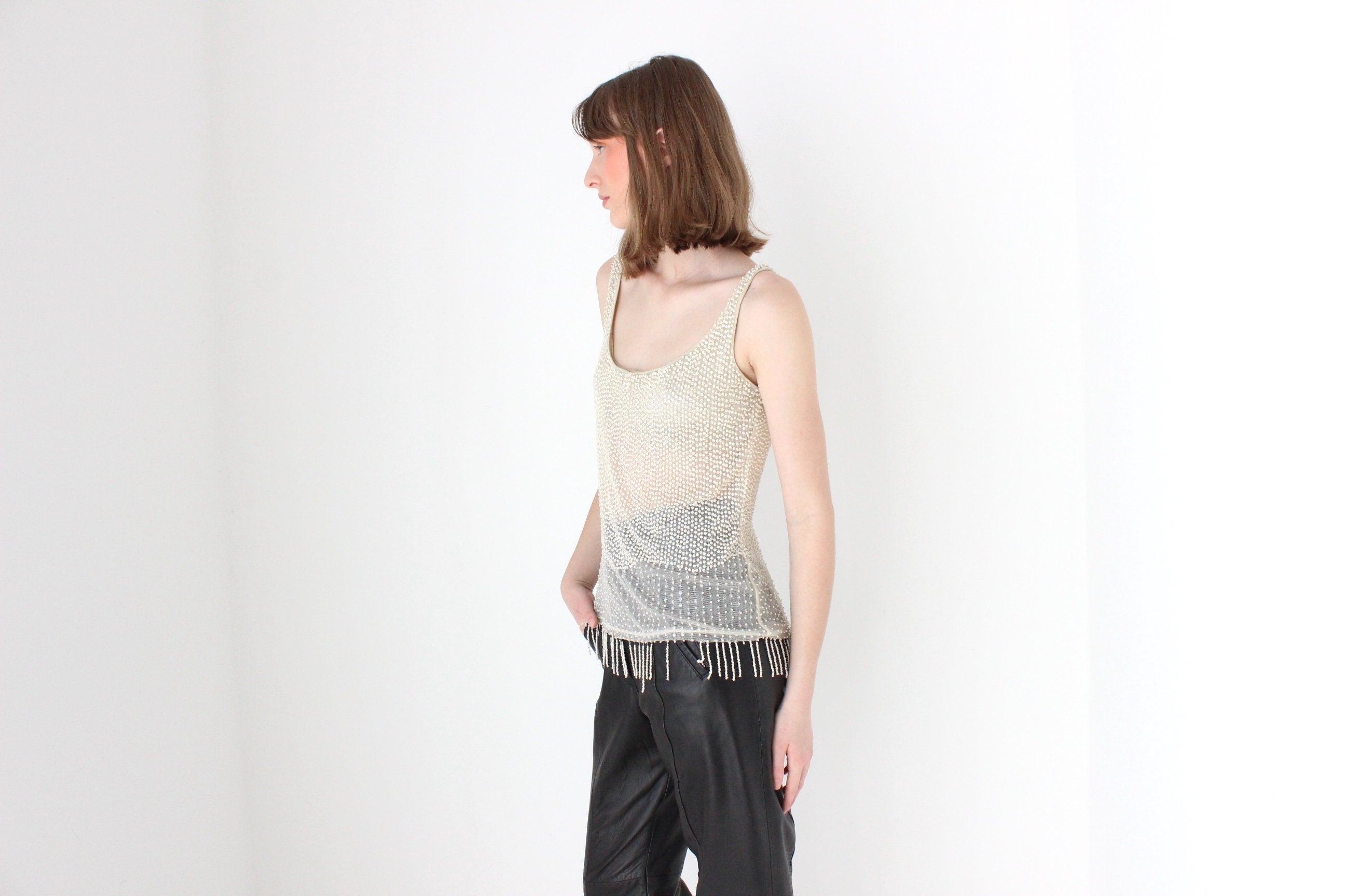 90s LA PERLA Italy Nude Mesh & Beaded Cami Top