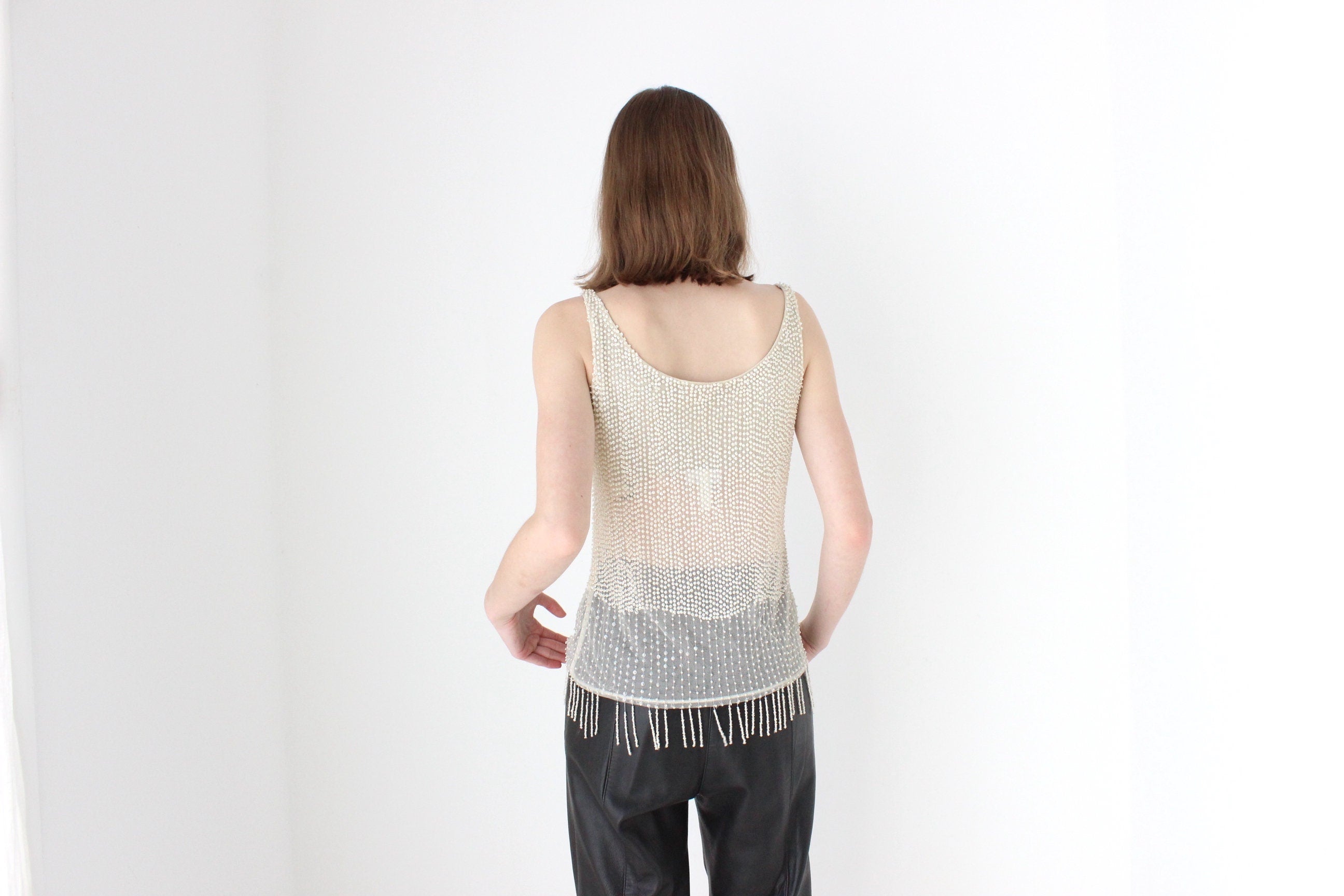 90s LA PERLA Italy Nude Mesh & Beaded Cami Top