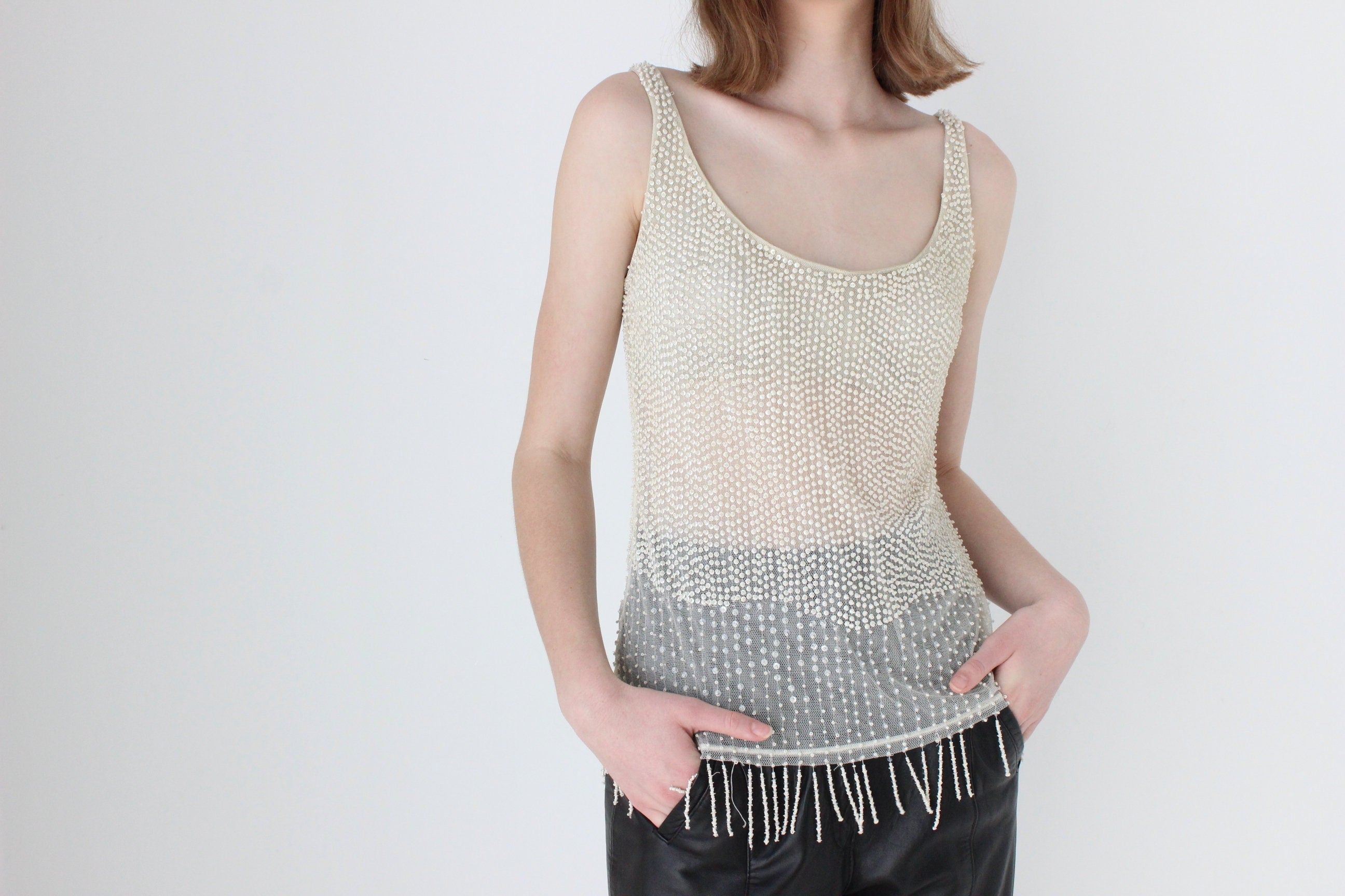 90s LA PERLA Italy Nude Mesh & Beaded Cami Top