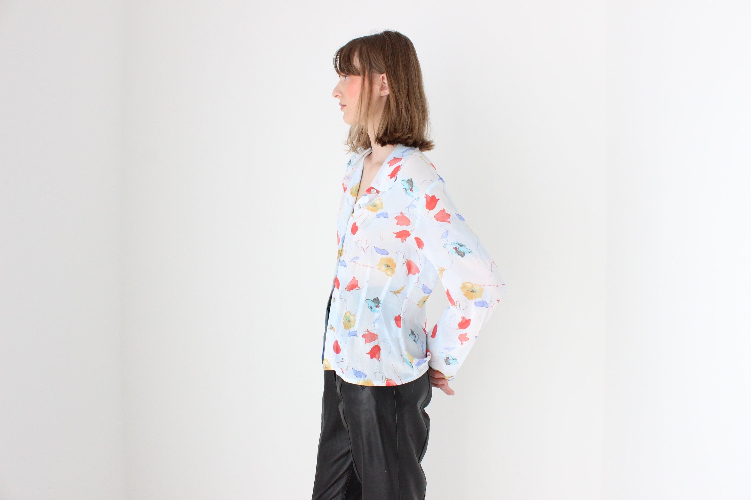 90s Pastel Floral Button Up Blouse