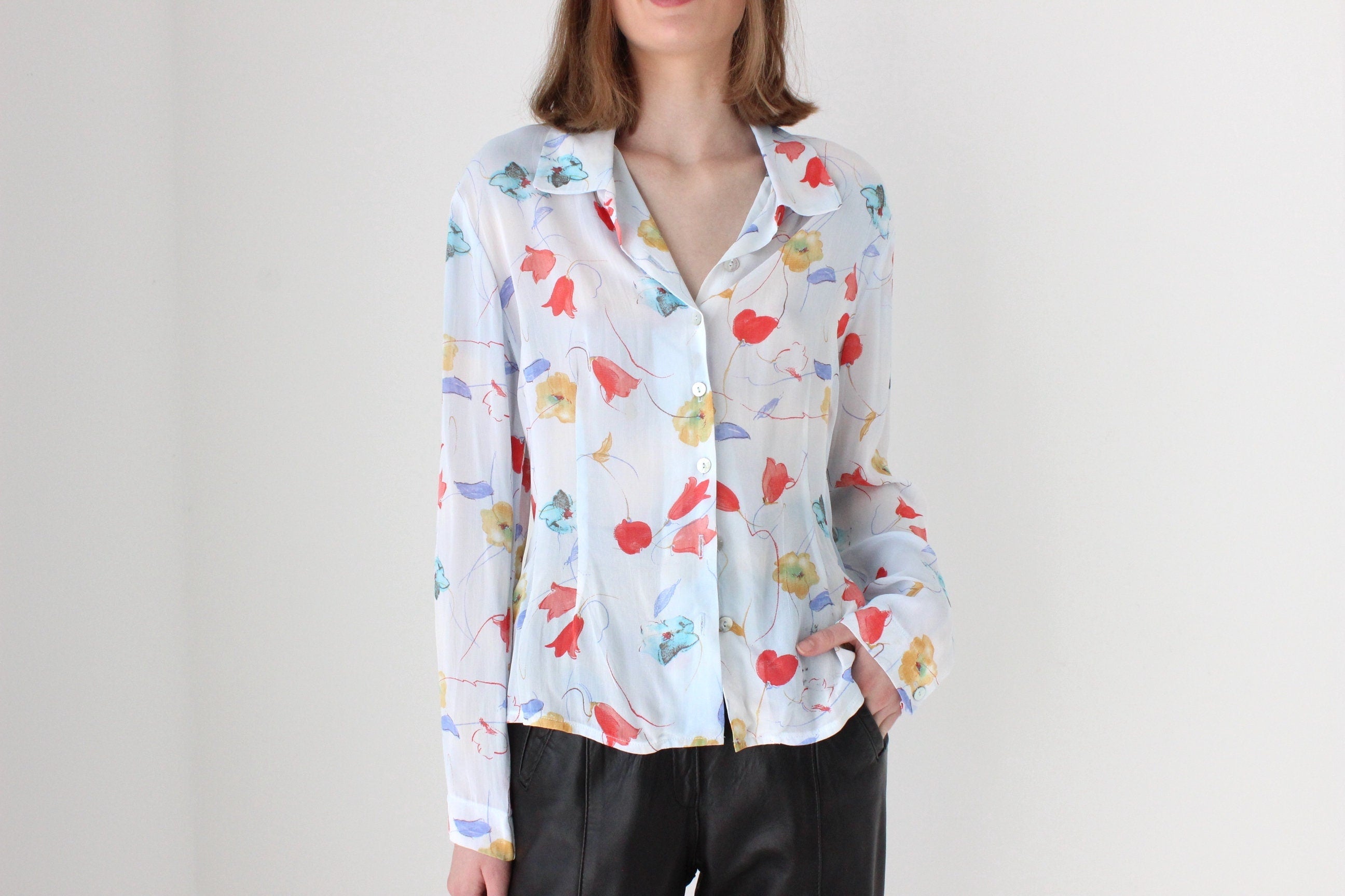 90s Pastel Floral Button Up Blouse