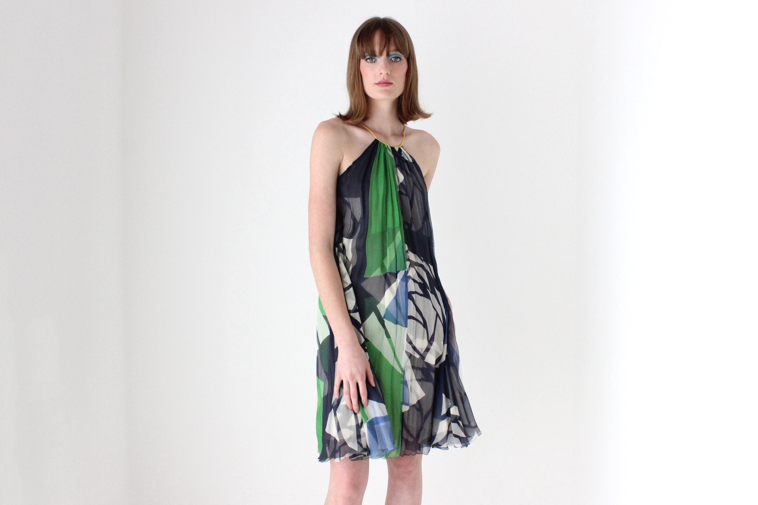 Y2K Designer CATHERINE MALANDRINO Patchwork Silk Trapeze Dress