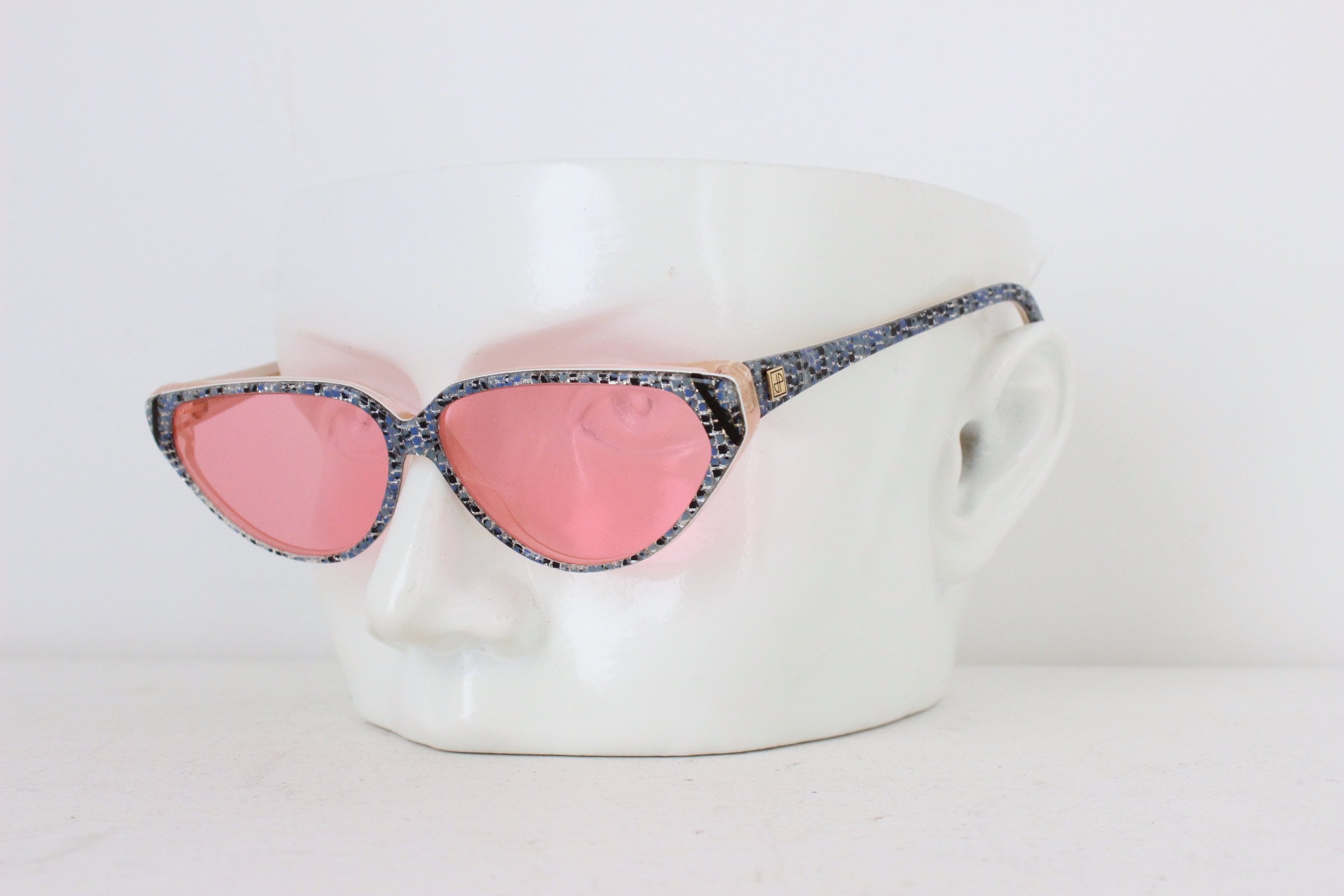 1980s Jean Patou Paris Blue Glitter Cat Eye Sunglasses w/ Pink Lenses