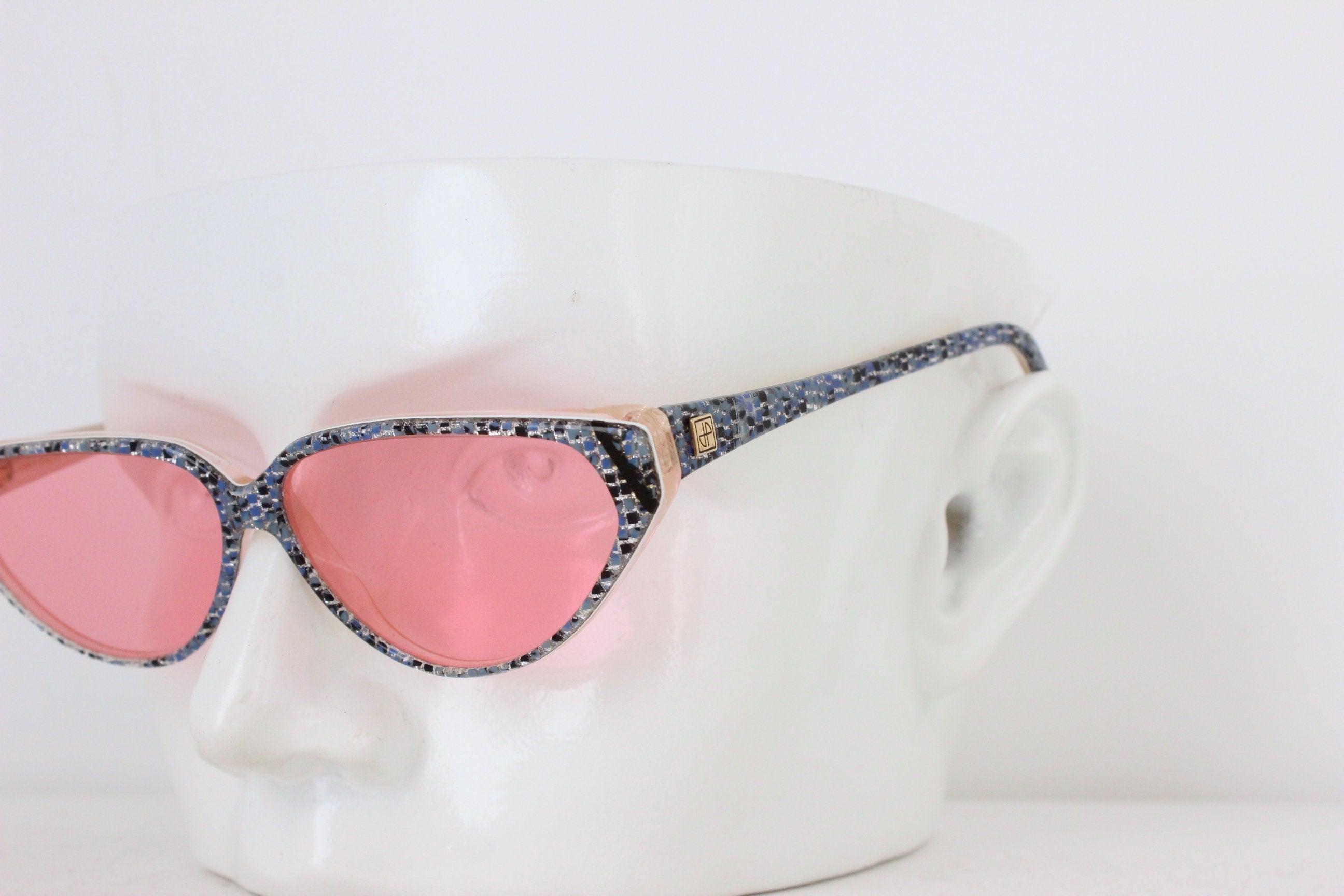 1980s Jean Patou Paris Blue Glitter Cat Eye Sunglasses w/ Pink Lenses