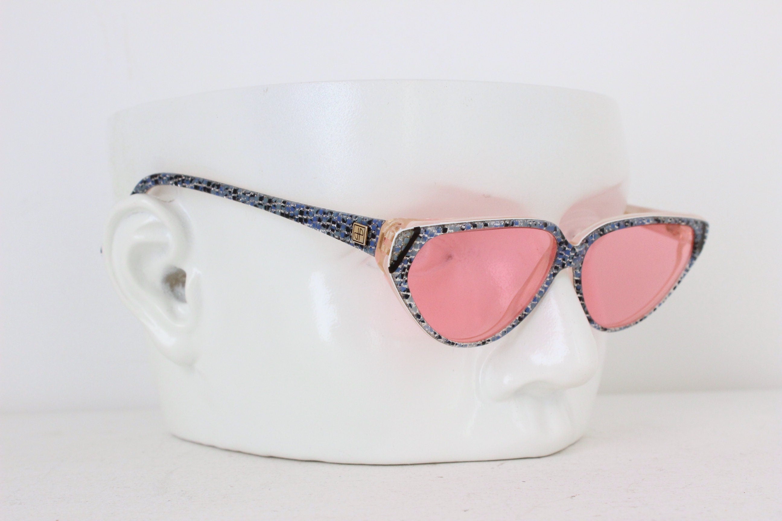 1980s Jean Patou Paris Blue Glitter Cat Eye Sunglasses w/ Pink Lenses