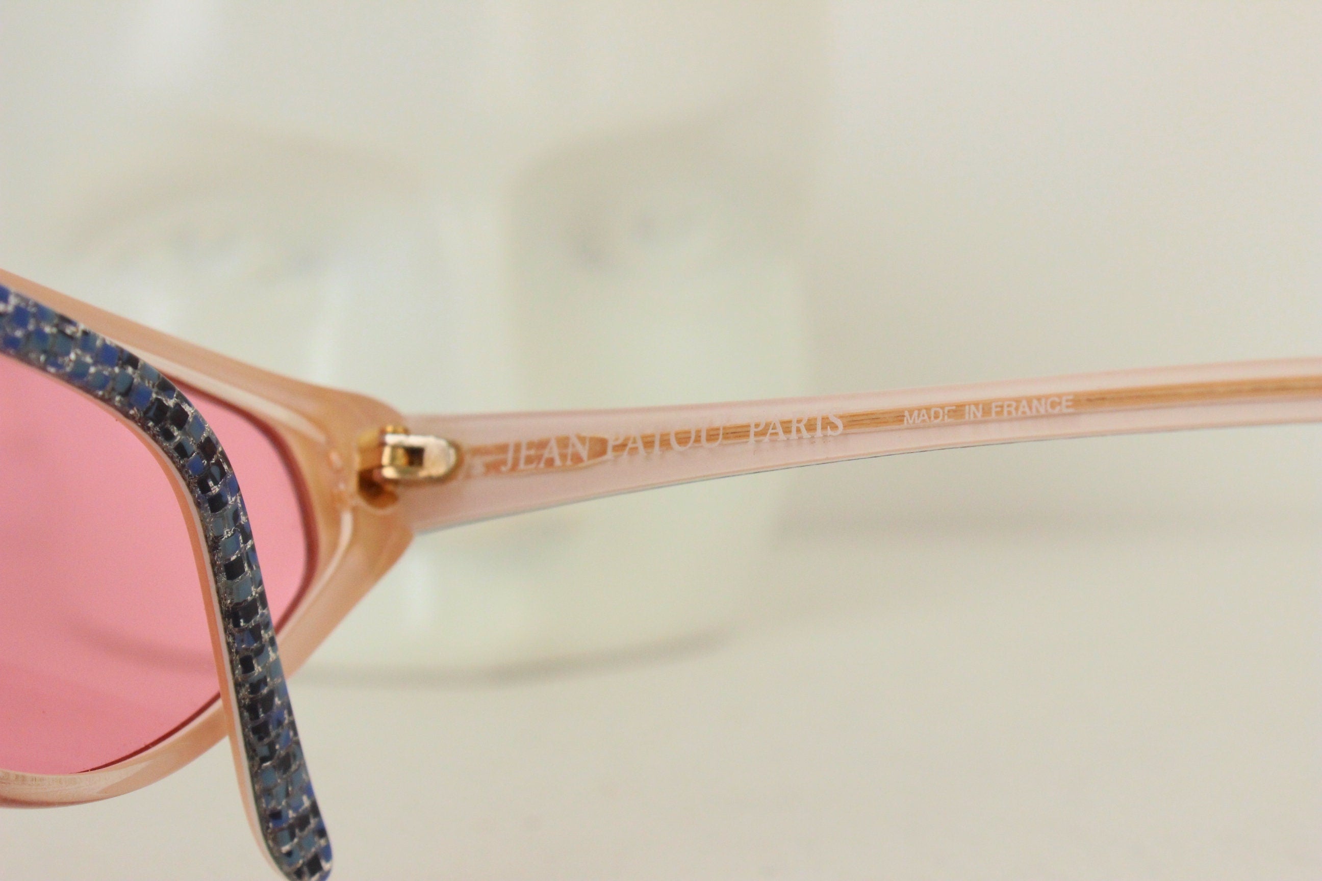 1980s Jean Patou Paris Blue Glitter Cat Eye Sunglasses w/ Pink Lenses