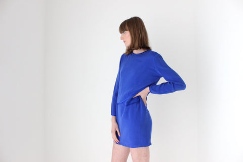 80s Cobalt Silk Long Sleeve Mini Shift Dress