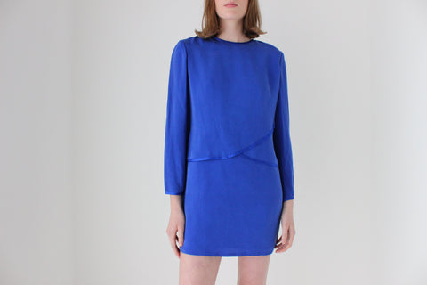 80s Cobalt Silk Long Sleeve Mini Shift Dress