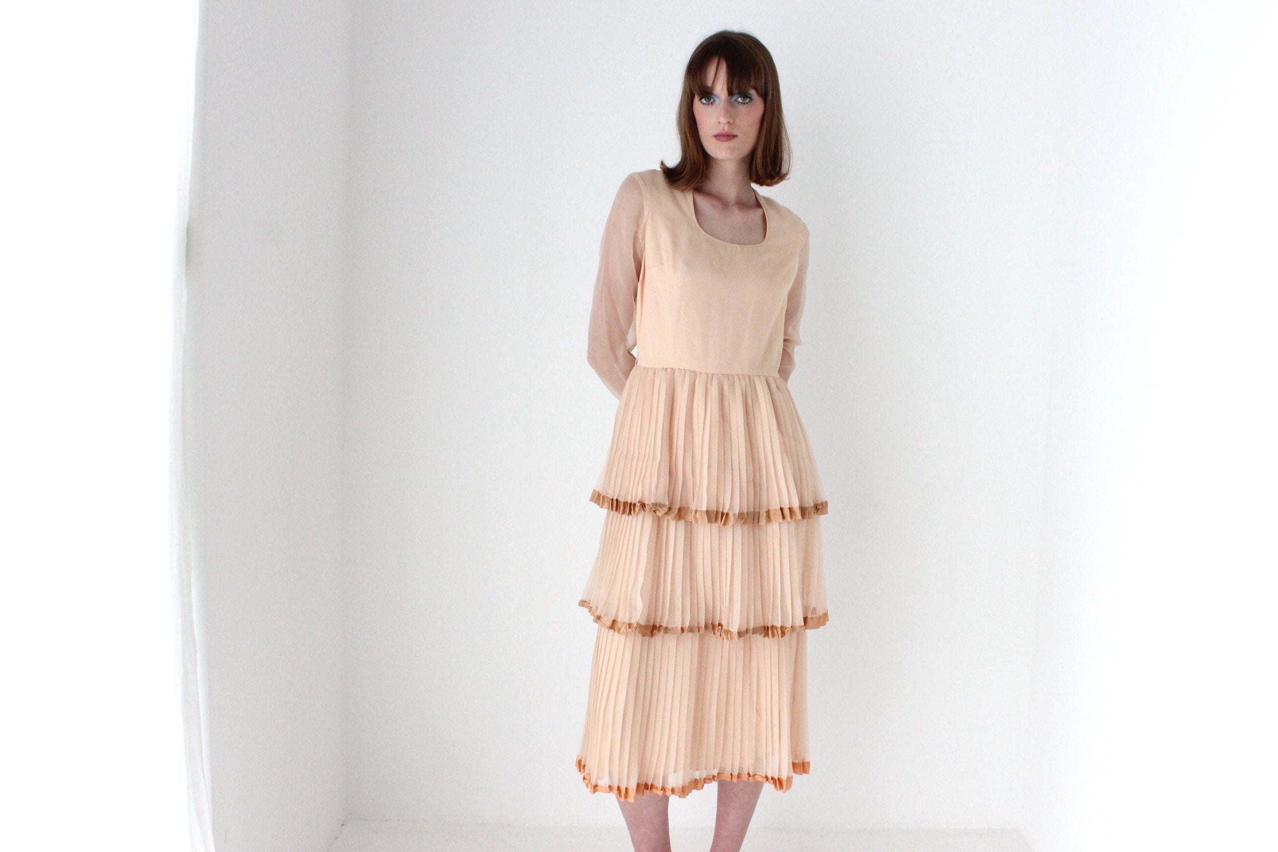 70s Tiered Pleated Pastel Cocktail Dress