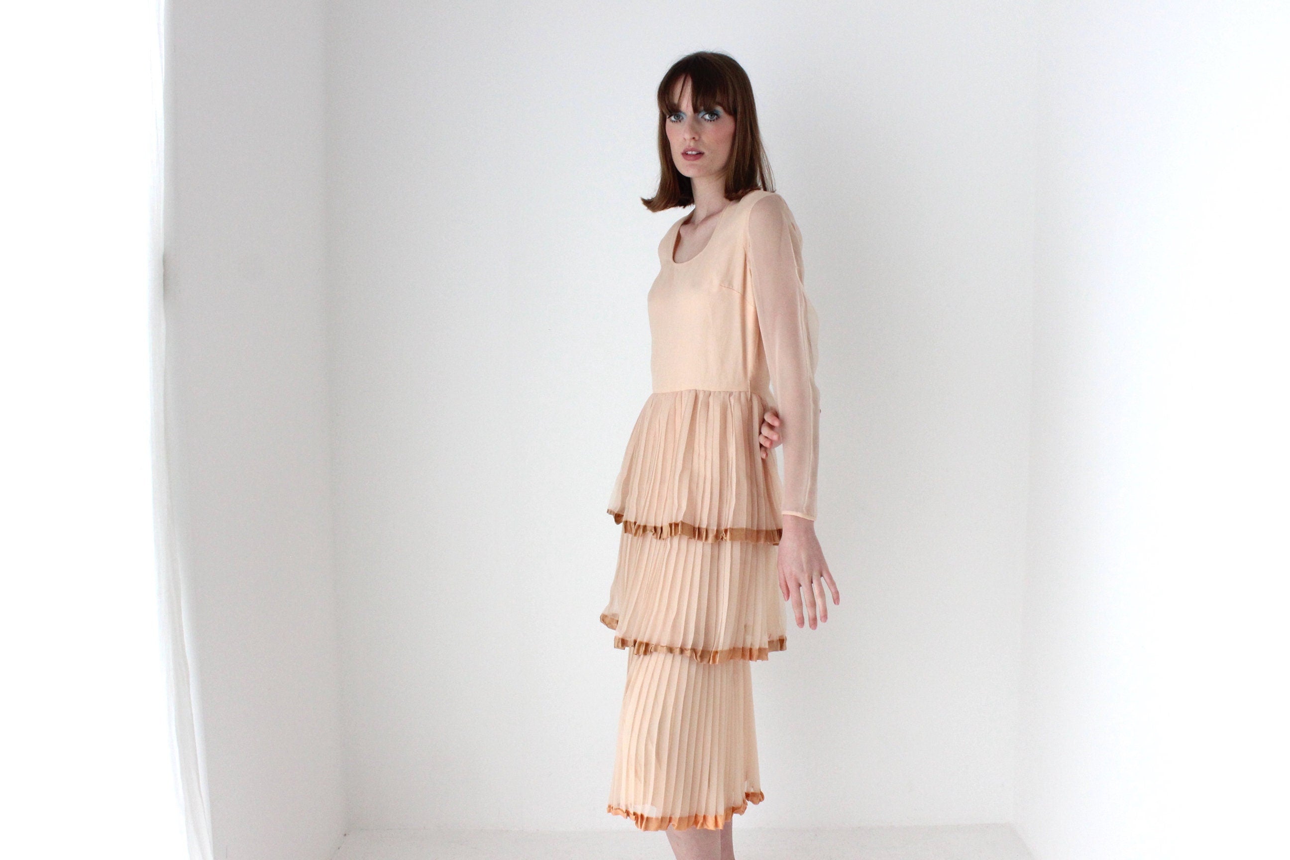 70s Tiered Pleated Pastel Cocktail Dress