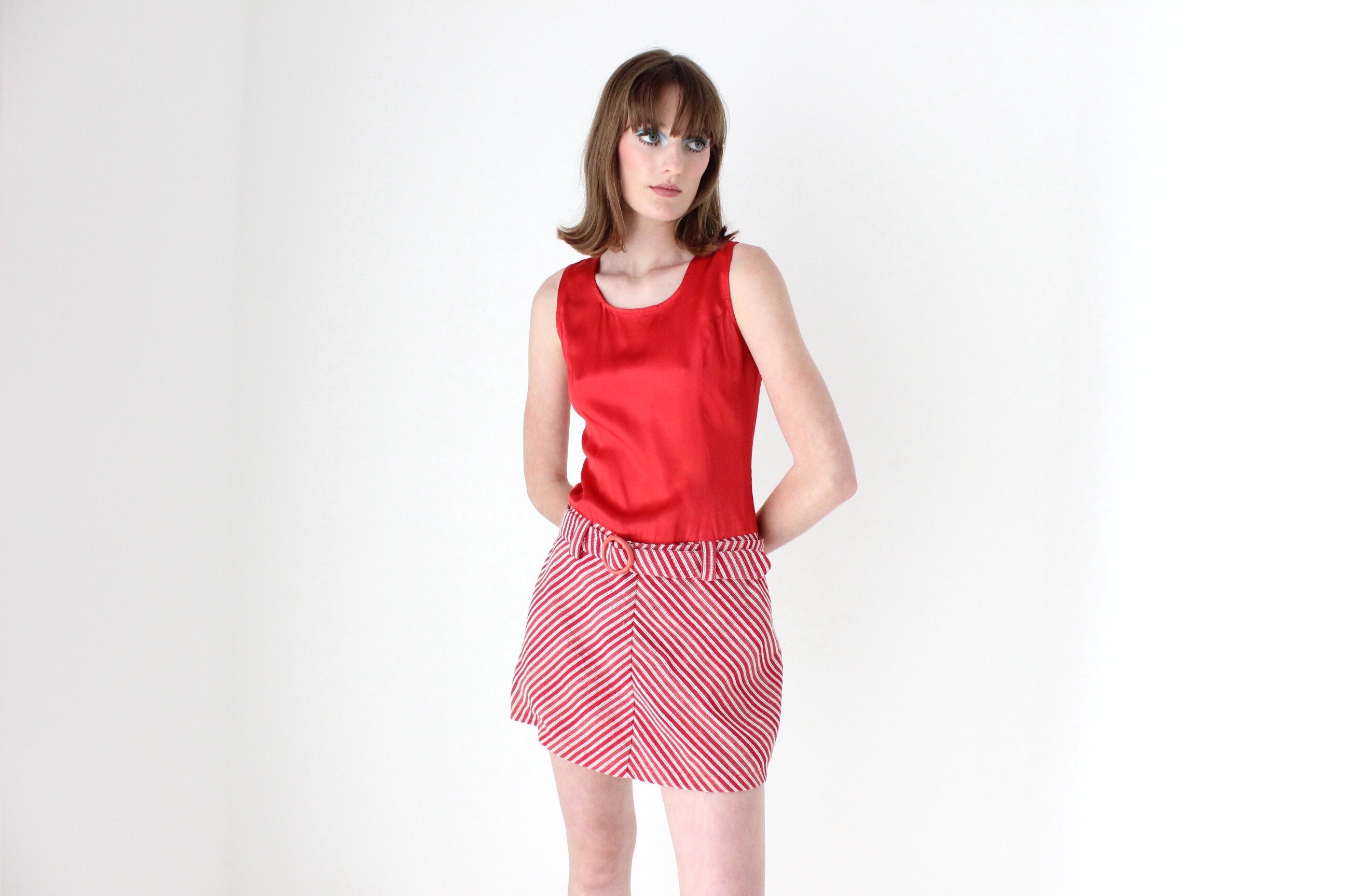 70s Mod A-Line Chevron Mini Dress w/ Matching Belt