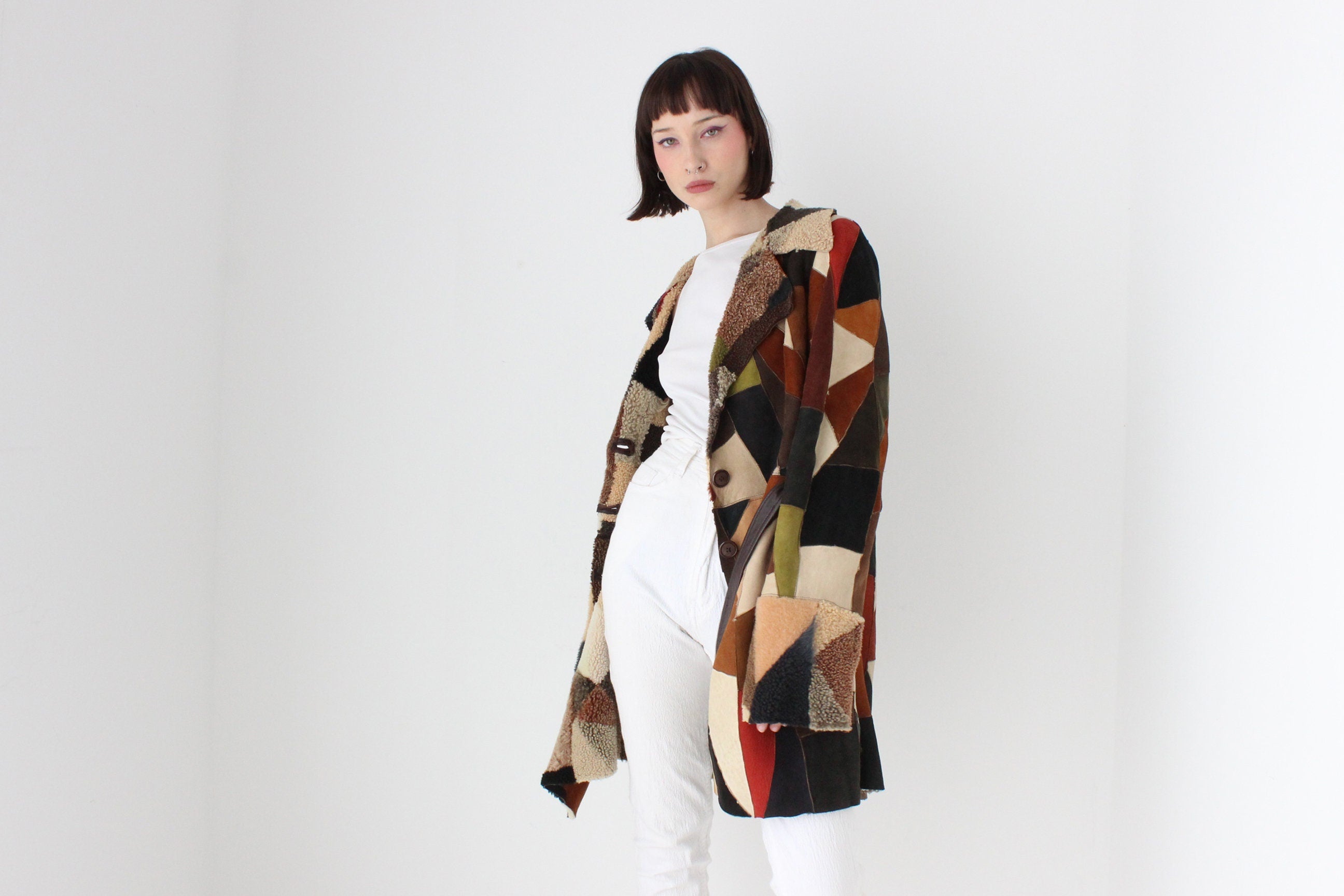 MAGNIFICENT {GENUINE SHEARLING} Rainbow Sheepskin Patchwork 90s does 70s Multi Colour Suede Coat
