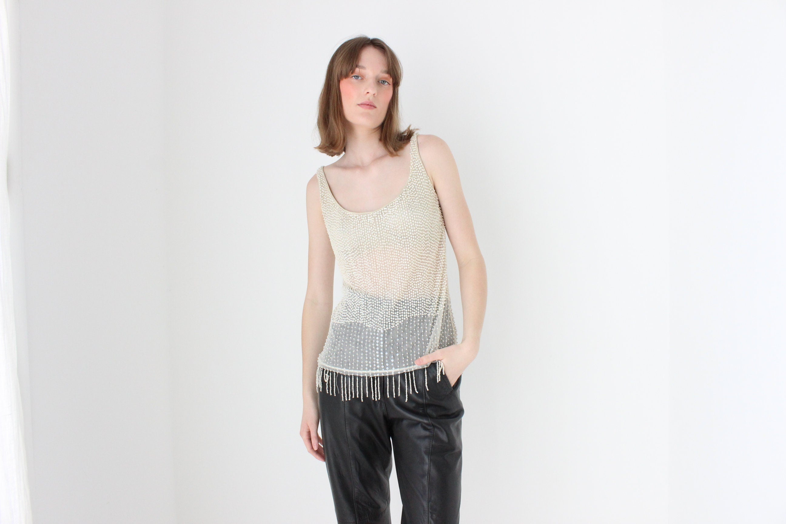 90s LA PERLA Italy Nude Mesh & Beaded Cami Top