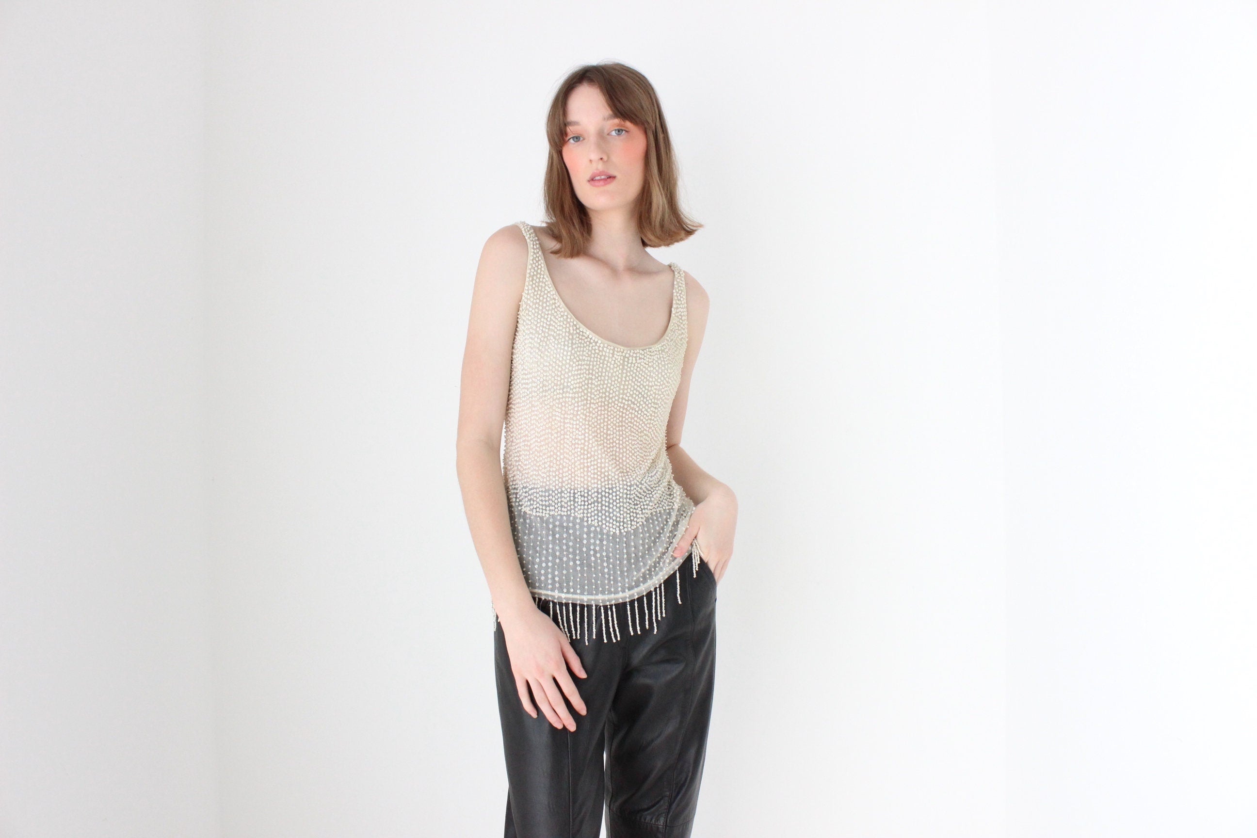 90s LA PERLA Italy Nude Mesh & Beaded Cami Top