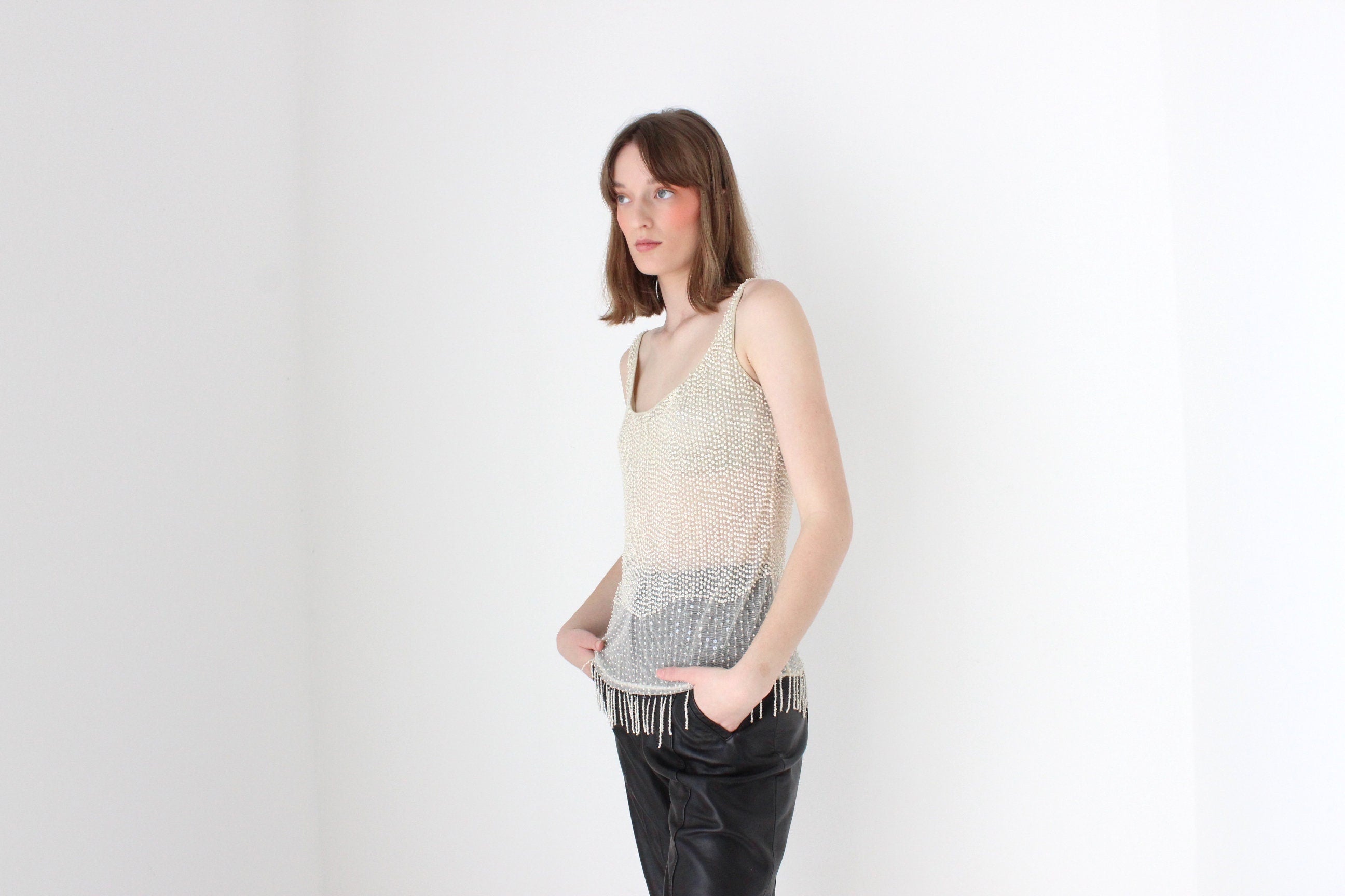 90s LA PERLA Italy Nude Mesh & Beaded Cami Top