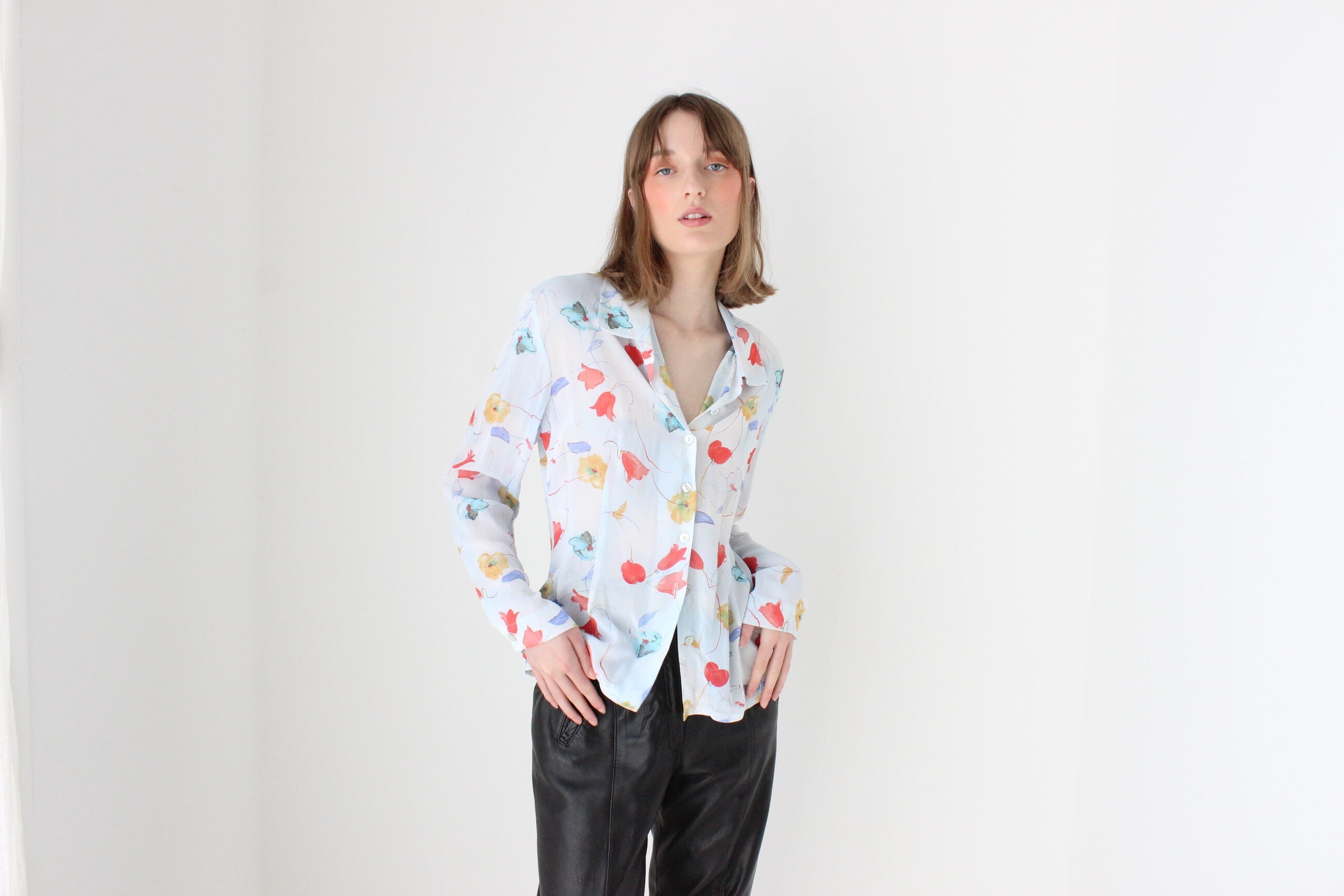 90s Pastel Floral Button Up Blouse