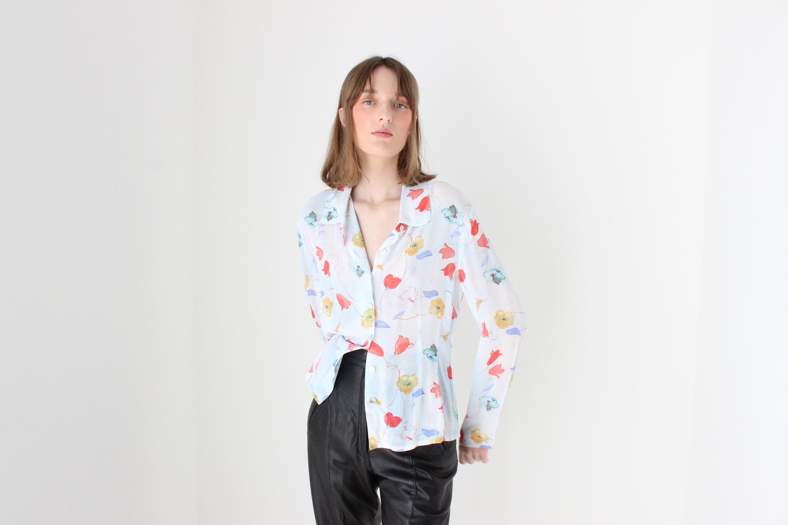 90s Pastel Floral Button Up Blouse