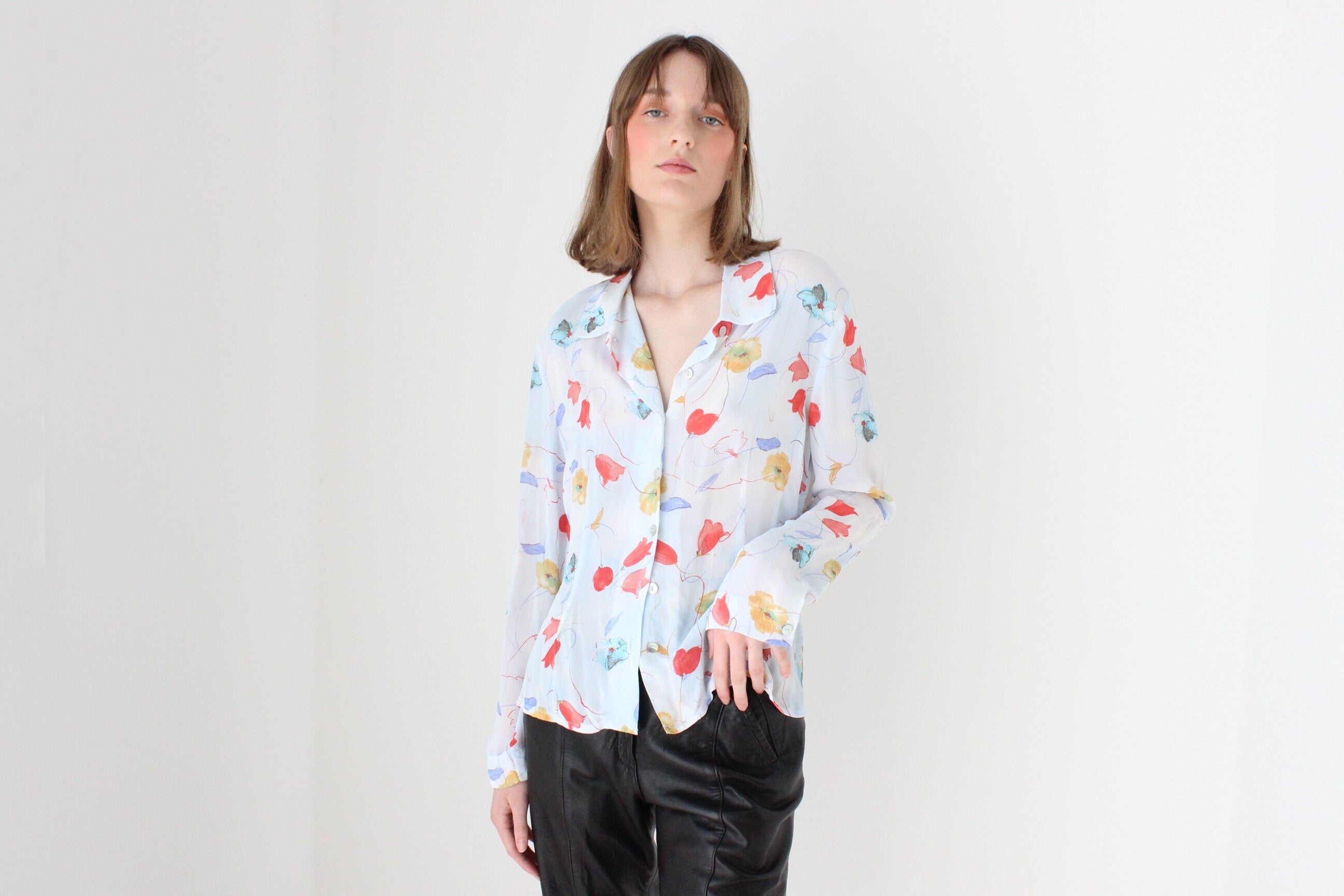 90s Pastel Floral Button Up Blouse