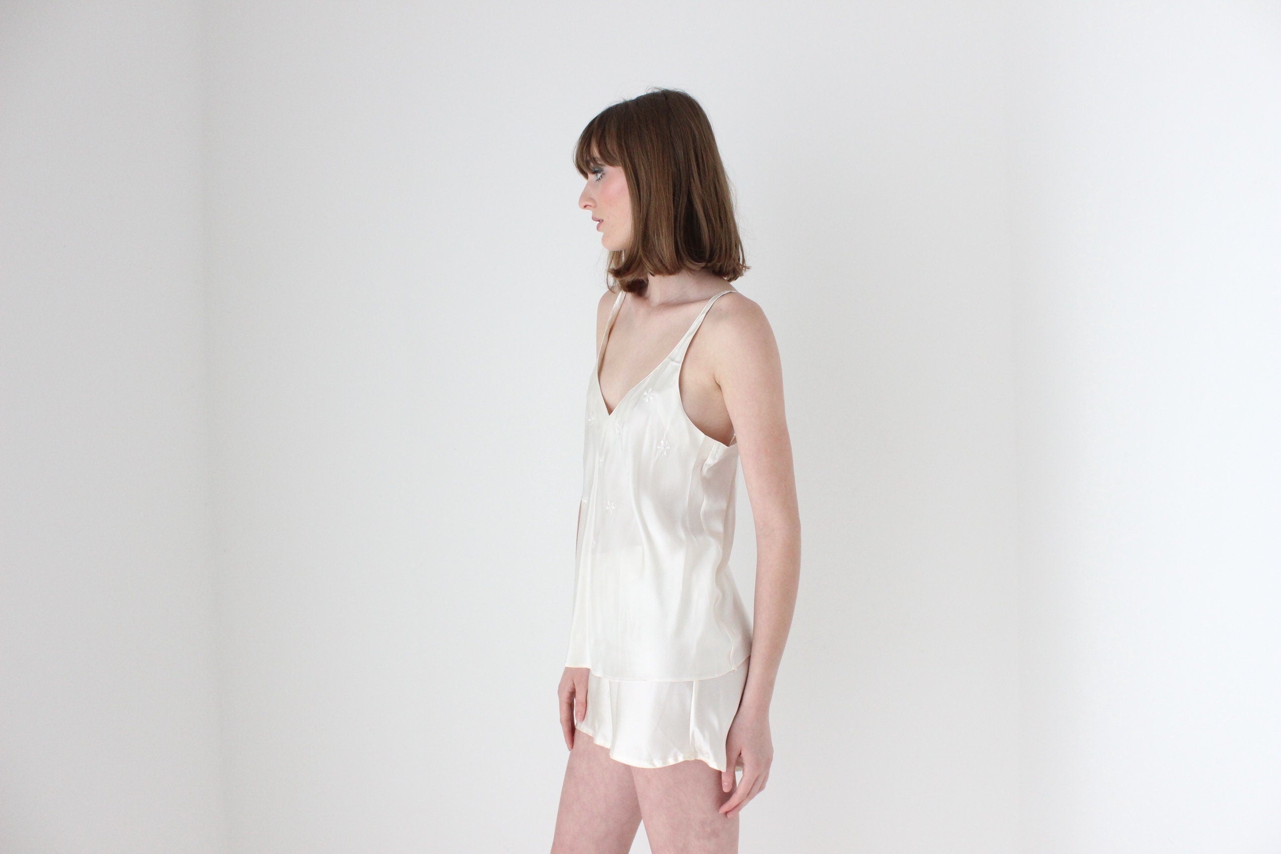 90s PURE SILK Snow White Minimal Top & Shorts Pyjama Set