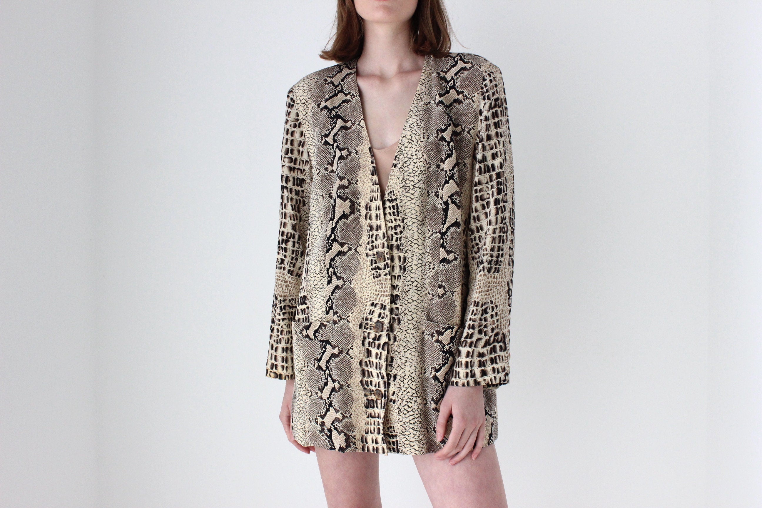 90s {Pure Silk} Snakeskin Print Boxy Blazer Mini