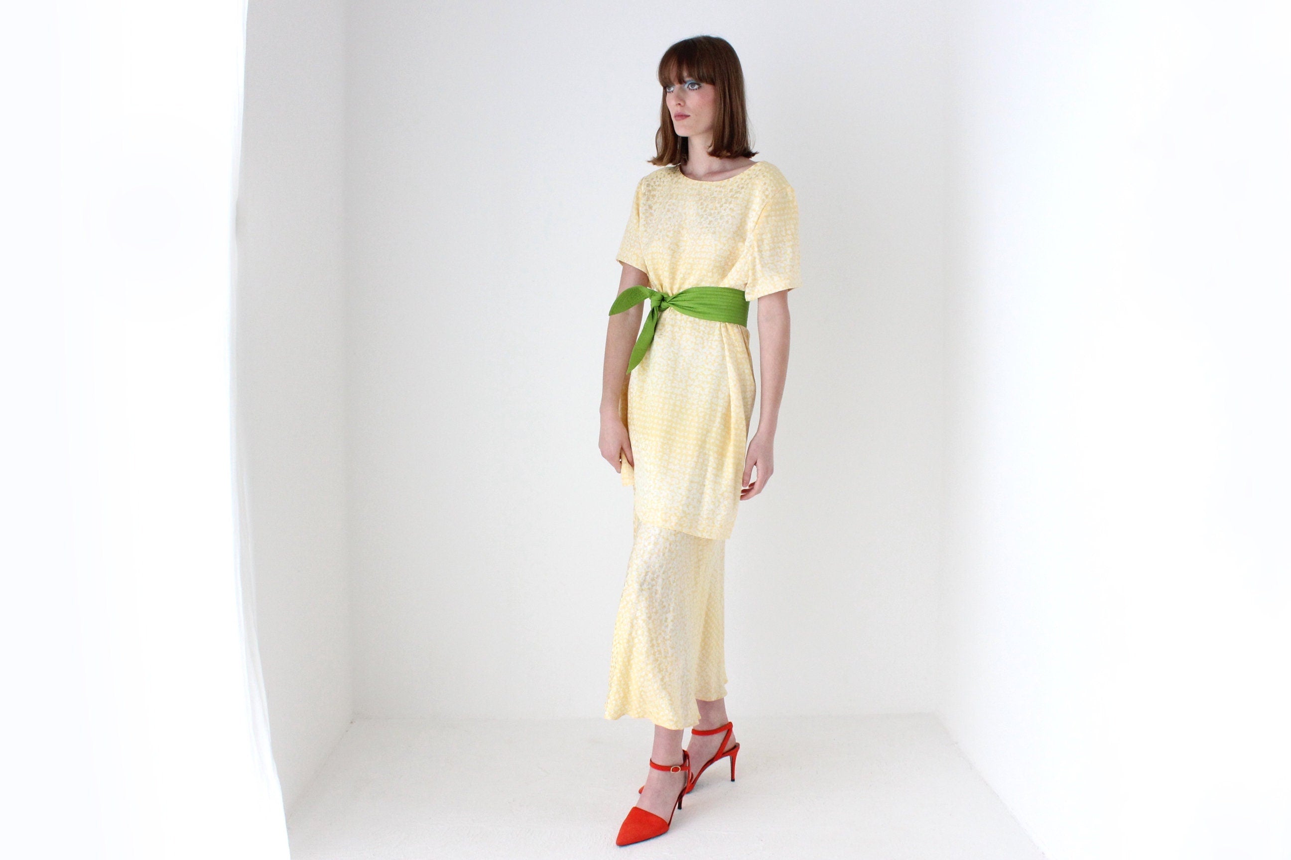 80s Pastel ~ Pure Silk ~ Relaxed Garden Party Dress w/ Green Sash Belt