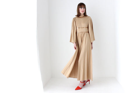 Showstopping 70s Golden Pleated High Neck Gown w/ Flared Sleeves
