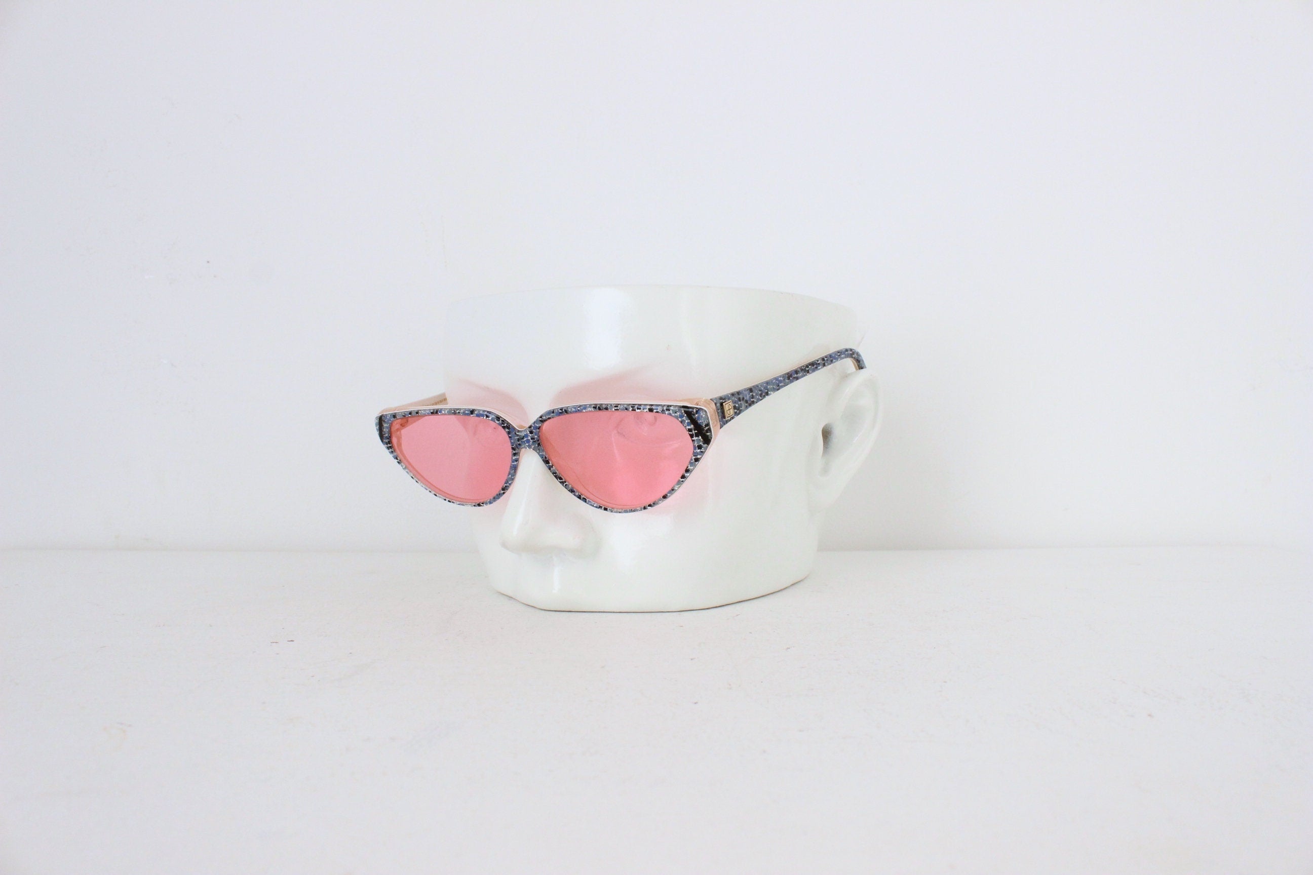 1980s Jean Patou Paris Blue Glitter Cat Eye Sunglasses w/ Pink Lenses