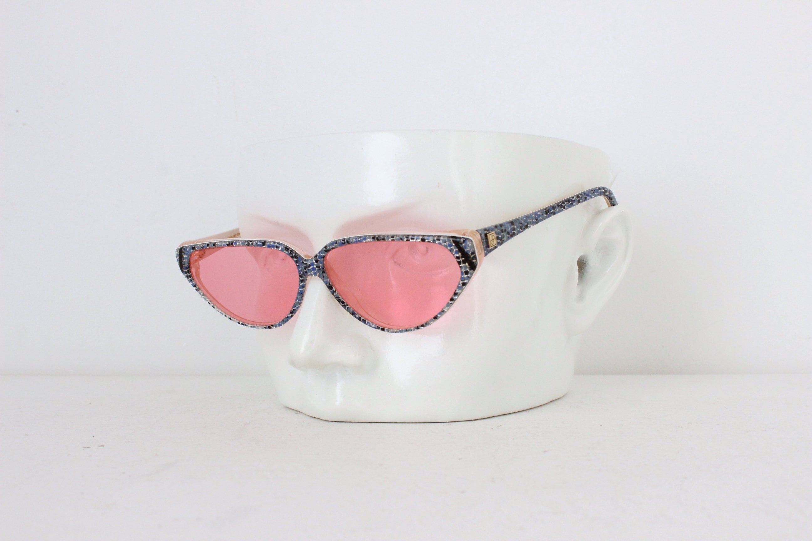 1980s Jean Patou Paris Blue Glitter Cat Eye Sunglasses w/ Pink Lenses